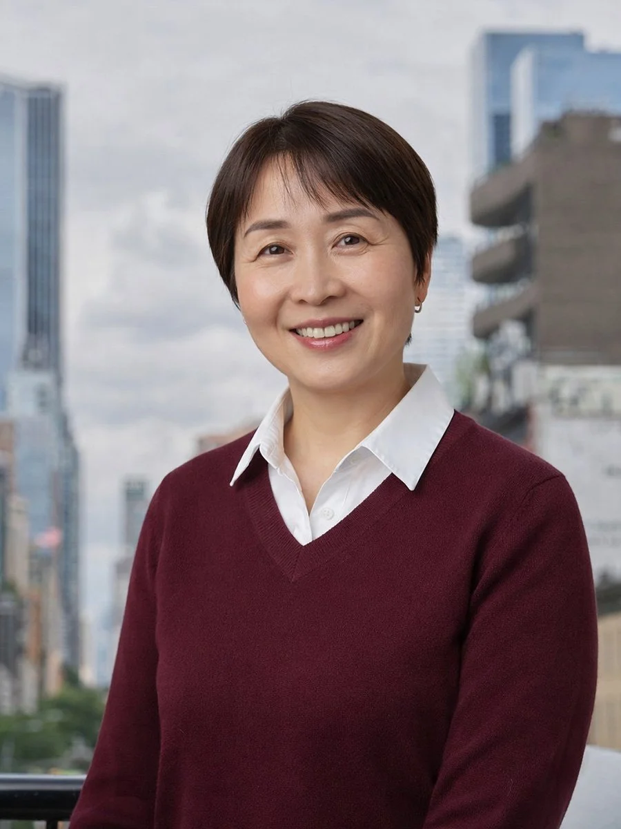 A confident woman with short brown hair wearing a burgundy button-up shirt, standing outdoors in an urban setting with tall buildings in the background.