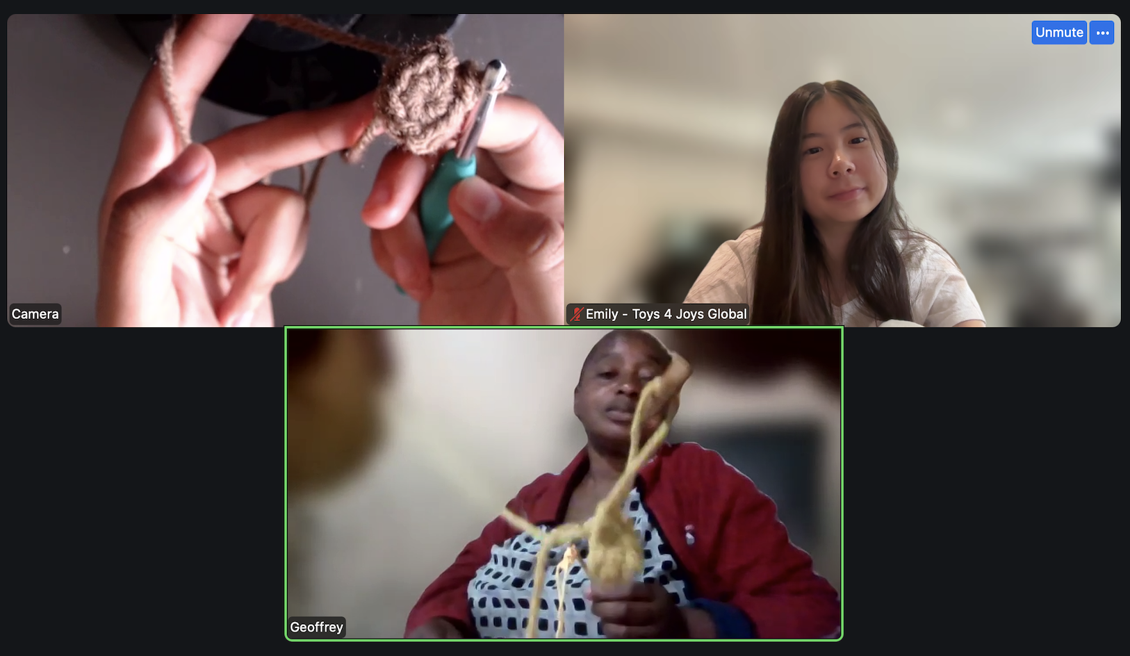 Three people on a video call, one person is holding a handmade crocheted toy, another person is holding a stuffed animal creature, and the third person is smiling.