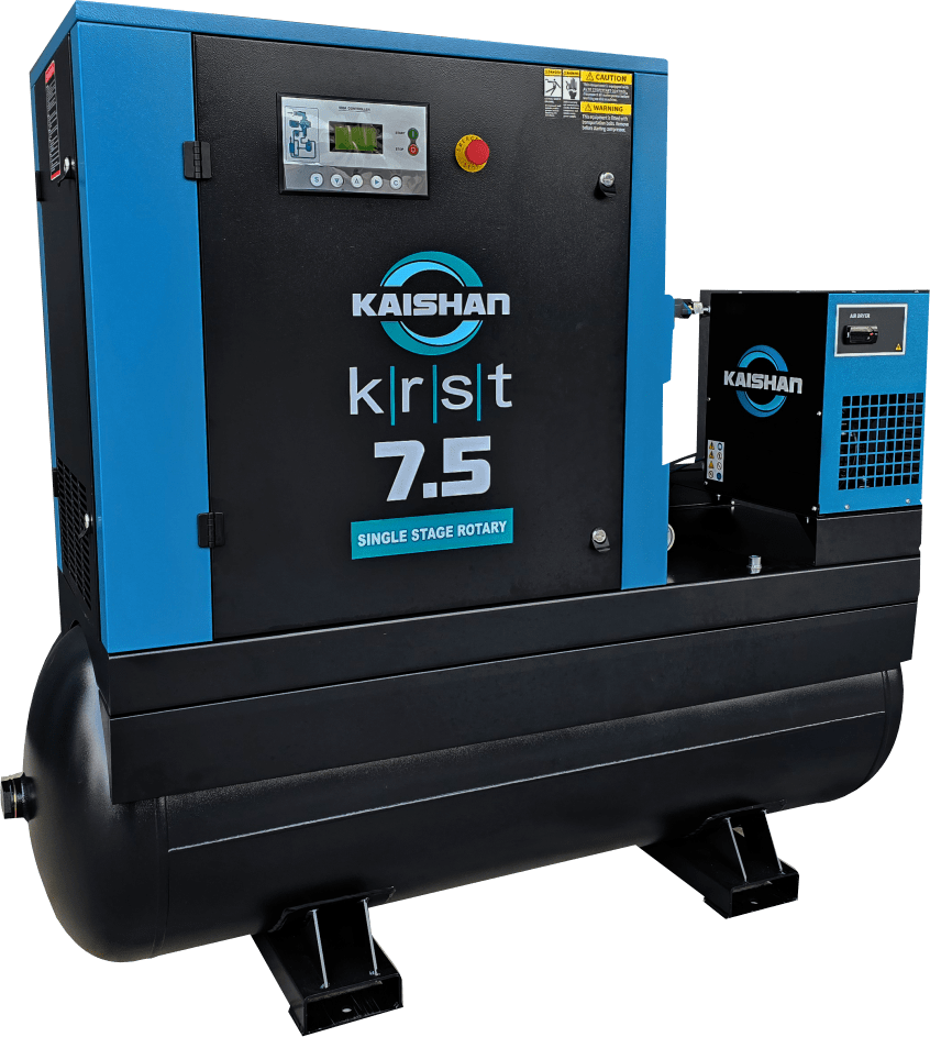 Blue and black KAISHAN compressor with control panel and digital display, labeled 'KRST 7.5 Single Stage Rotary'.