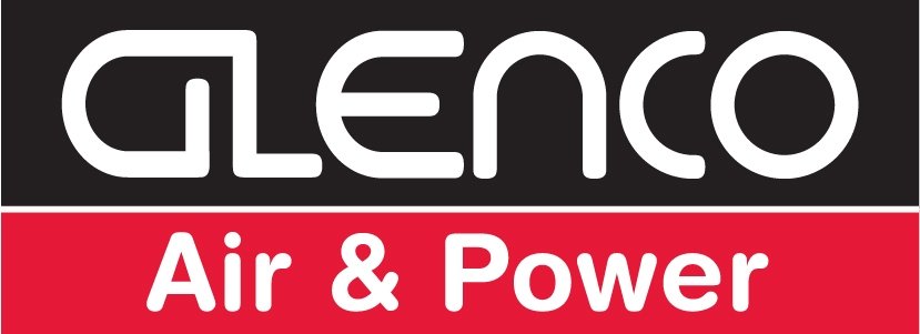 Logo of Glenco Air & Power, featuring the company name with a black background, white text, and a red banner below with white text.