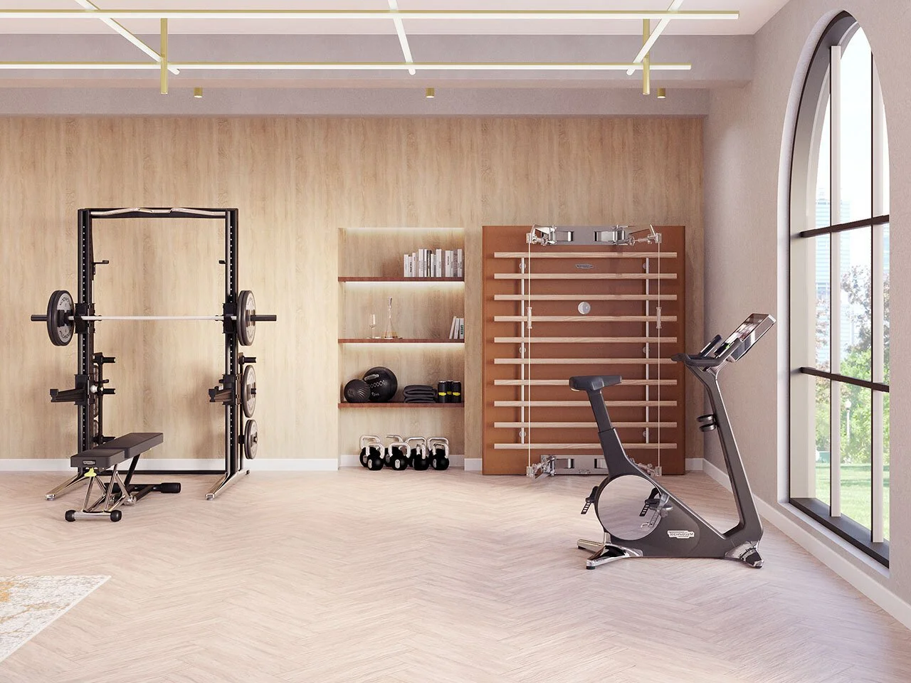 Home gym room with weightlifting rack, exercise bike, and various fitness equipment near large arched window.
