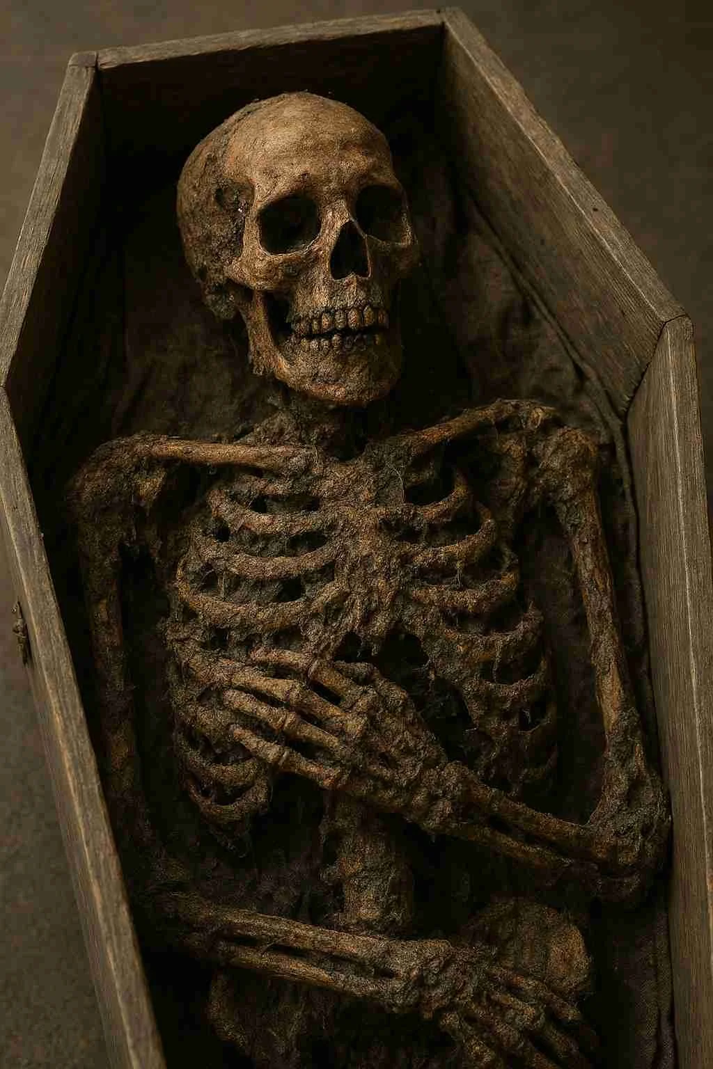soul journey - A human skeleton inside a wooden coffin
