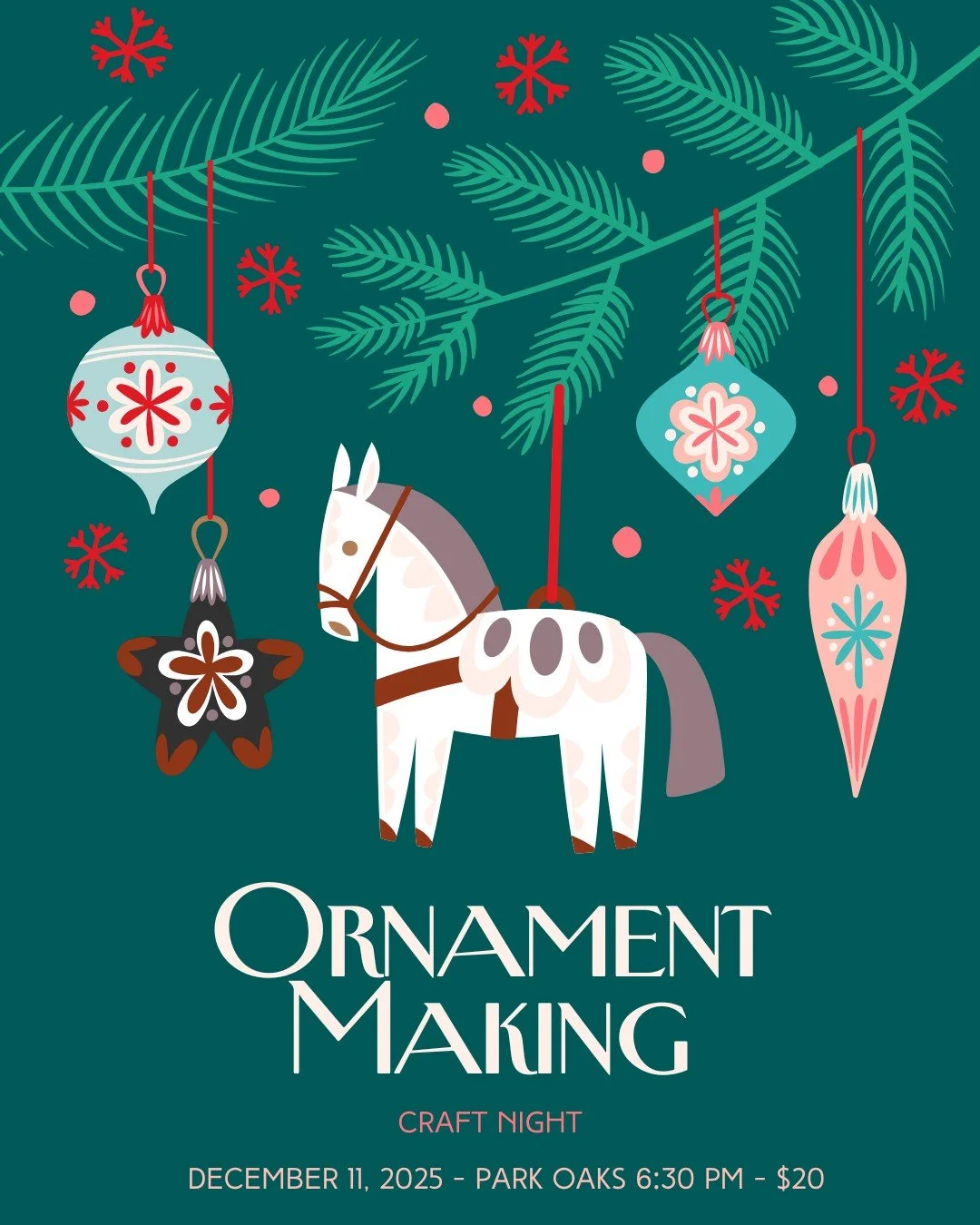 🎄 Ornament Making Craft Night at Park Oaks!
Bring your creativity and sip some hot chocolate while we decorate ornaments together. All supplies included, snacks provided, and holiday vibes fully loaded.
December 11 &bull; 6:30 PM &bull; $20/person
G