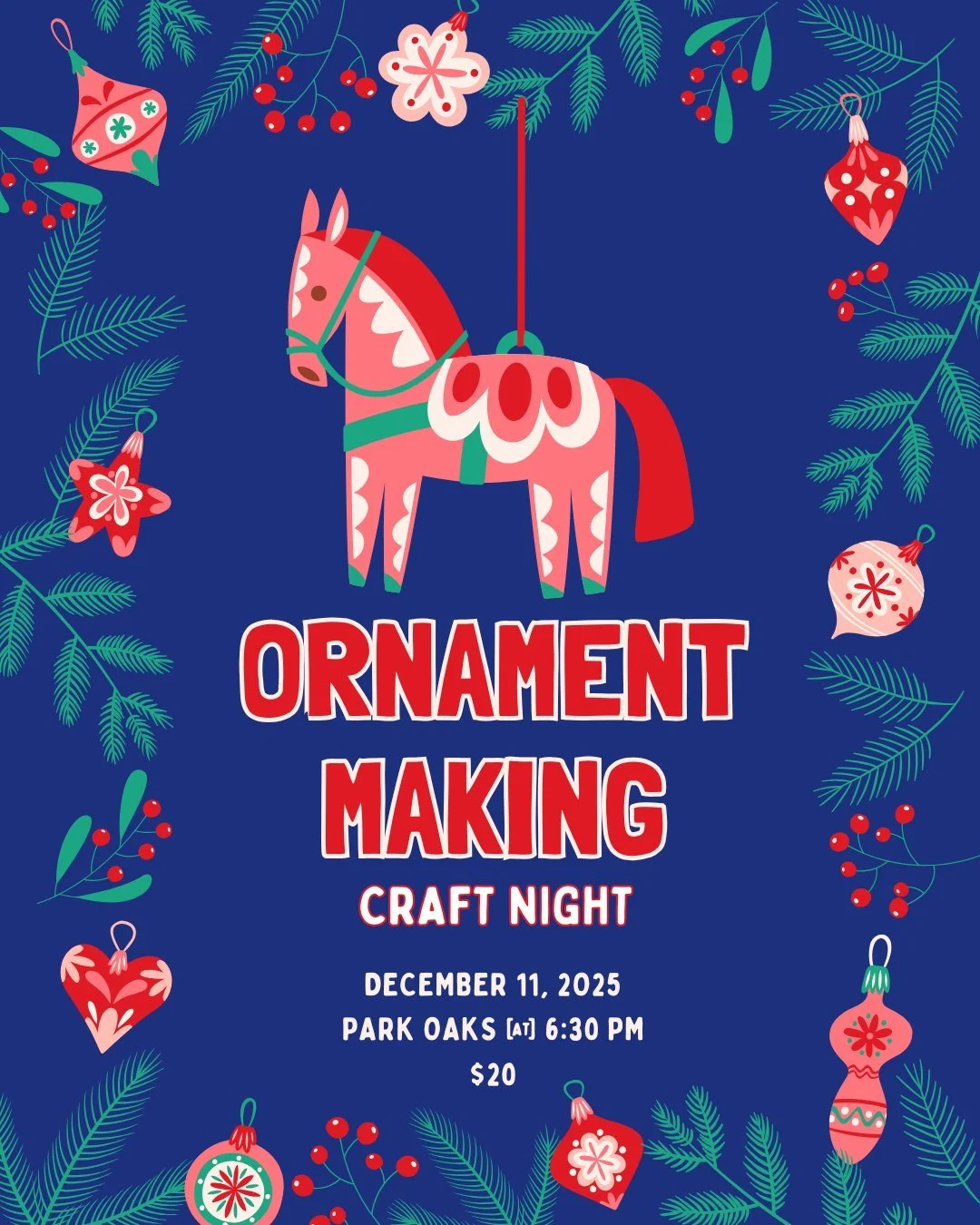 Ready to make something cute for your tree? Join us for a hands-on Ornament Making Night at Park Oaks!
We&rsquo;ll provide the supplies, you bring the cheer.
Snacks? Yup. Hot chocolate? Of course. Good times? Always.
Wednesday, Dec 11 at 6:30 PM &mda