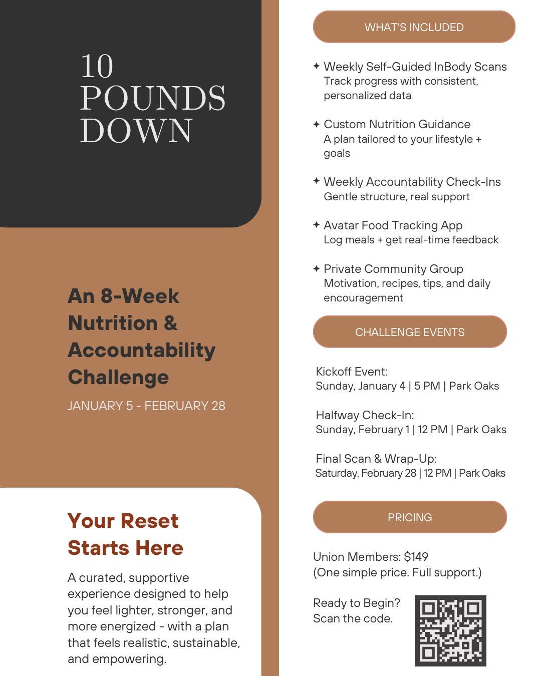 Ready to feel lighter, stronger, and way more in control of your habits?
10 Pounds Down is our 8-week nutrition + accountability challenge built to help you reset and actually stick to it this year.
✔ Weekly InBody scans
✔ Custom nutrition guidance
✔