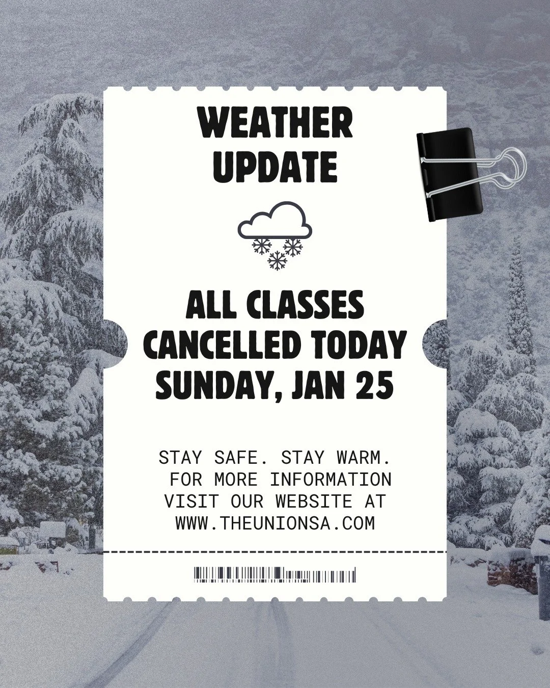Weather Update ❄️

Due to current weather conditions, we&rsquo;ve made the decision to cancel all classes today, Sunday, January 25:

&bull; 9:00 AM Bikram 90 &ndash; Alamo Heights
&bull; 9:00 AM Kettlebell Fit &ndash; Huebner Strand
&bull; 11:30 AM 