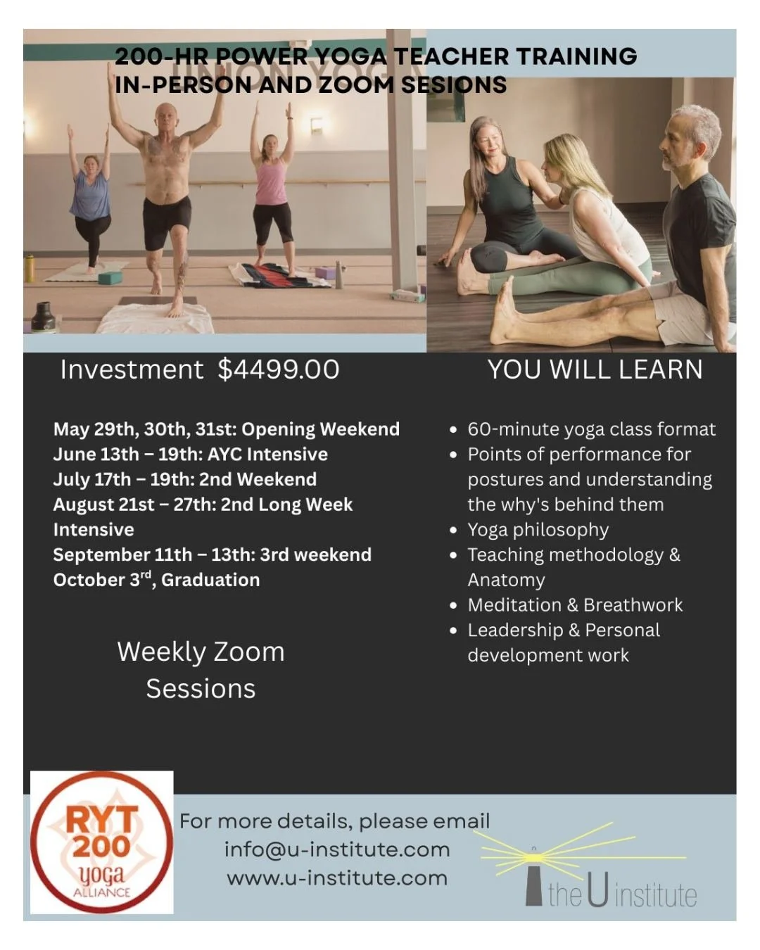 ✨ Calling future yoga teachers (and curious humans) ✨

The U-Institute is hosting an in-person info meeting to share details on their 200-Hour and 300-Hour Yoga Teacher Training programs launching in 2026.

📍 Where: The Union | Park Oaks
🕣 When: Sa