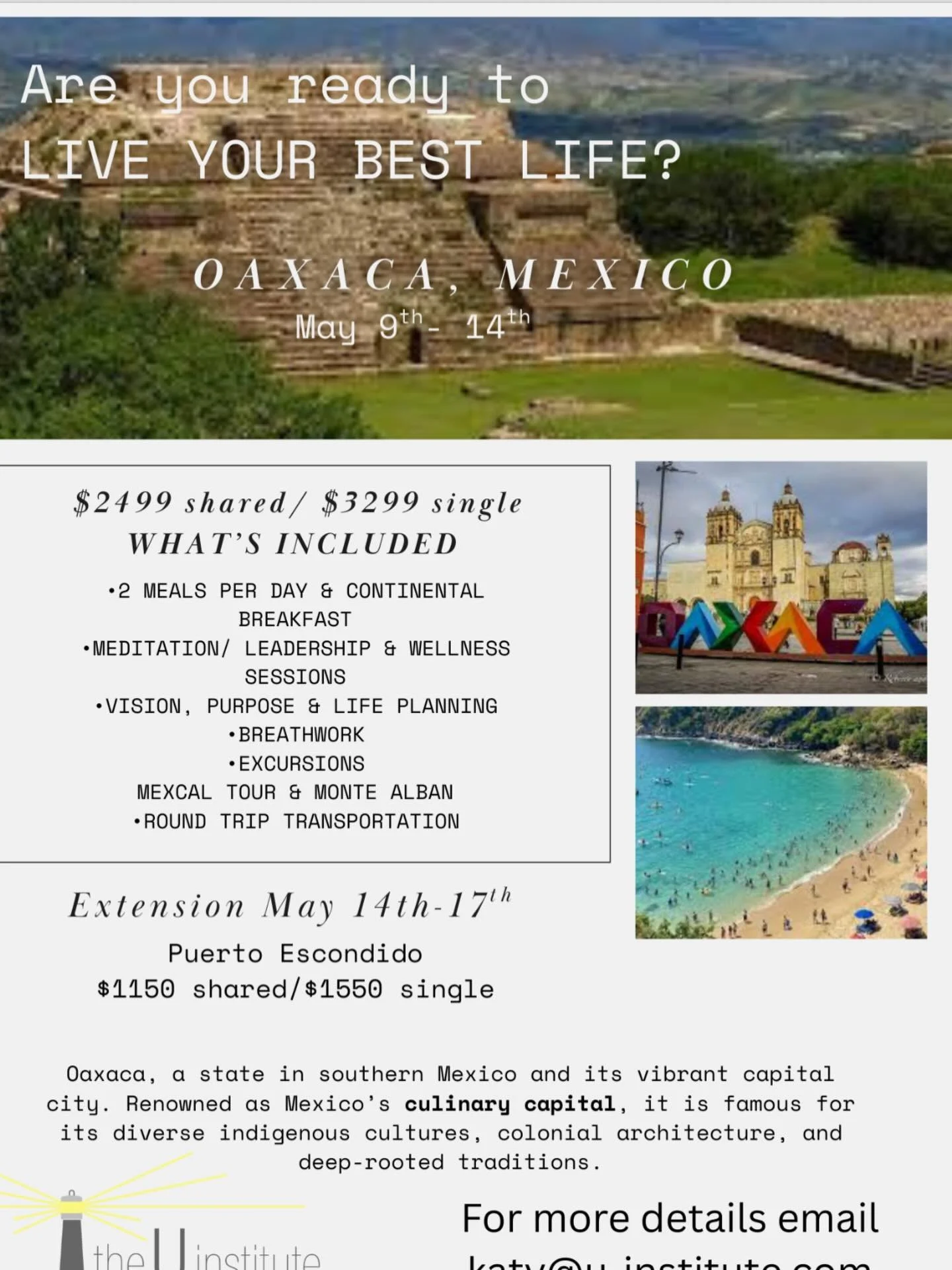 Only 6 spots left!  Join us for yoga, meditation, food, adventure, learning, community, and a ton of fun in Oaxaca, Mexico this May.  Email katy@u-institute.com or DM us for more details.