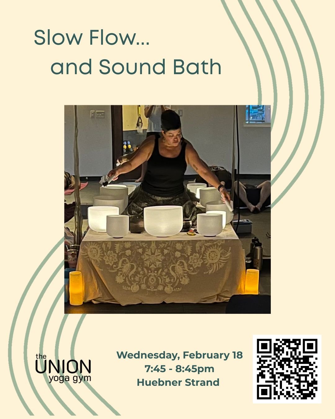 This Wednesday!  Our next Slow Flow and Sound Bath!  February 18, 7:45pm at our Huebner Strand location.  Take some time for yourself this week!