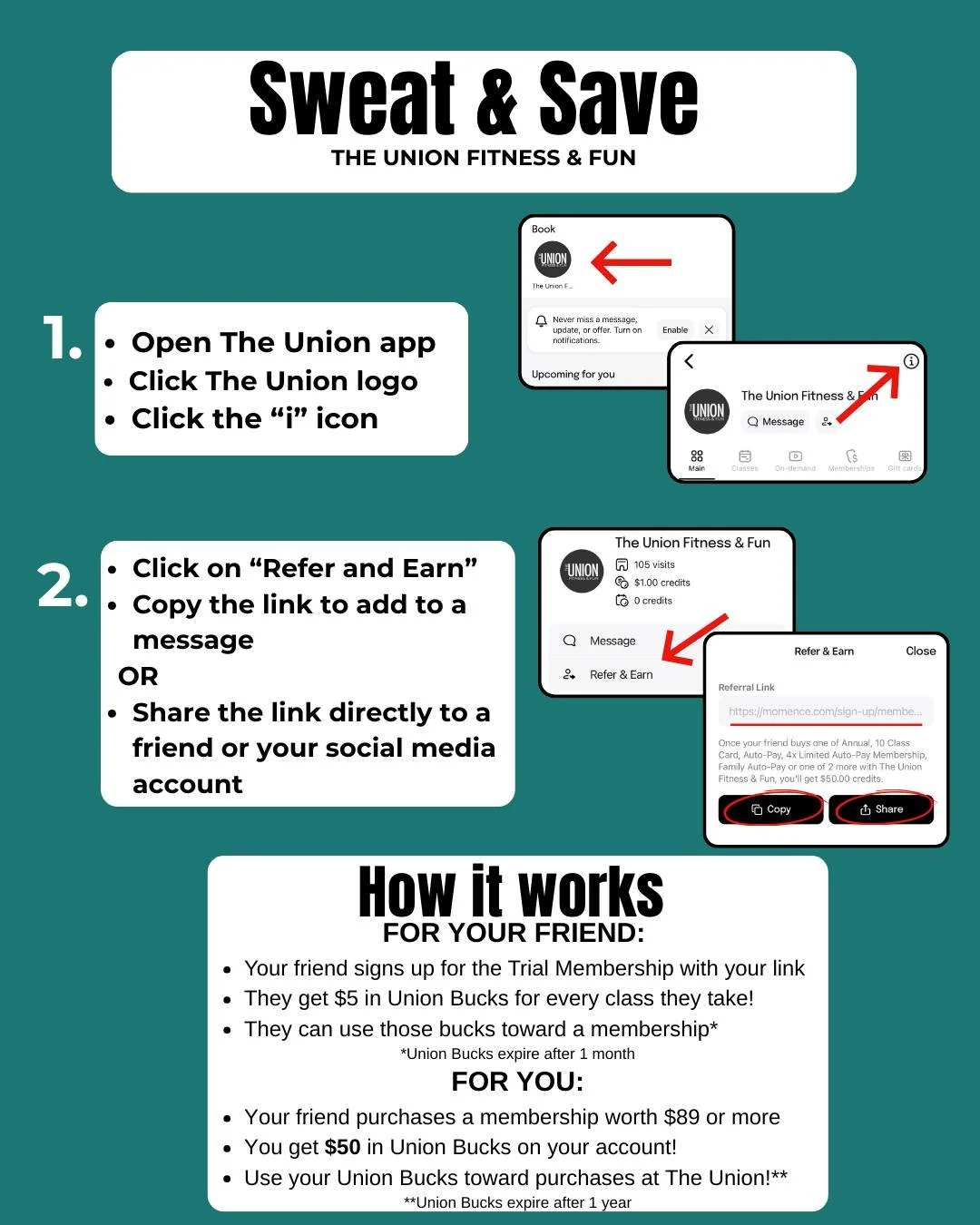 Love The Union? Share it and get rewarded. 💙

Every member has a personal referral link inside the Momence app. When you share it, good things start happening.

Here&rsquo;s how it works:
When someone uses your link and purchases any package of $89 