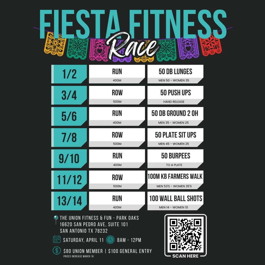 🔥 FIESTA FITNESS RACE 🔥

14 stations. Run. Event. Row. Event. Repeat.
A fun, high-energy fitness race built for all levels and all-out effort 💪

🏁 Divisions:
&bull; Male Solo
&bull; Female Solo
&bull; Women&rsquo;s Team (2 people)
&bull; Men&rsqu
