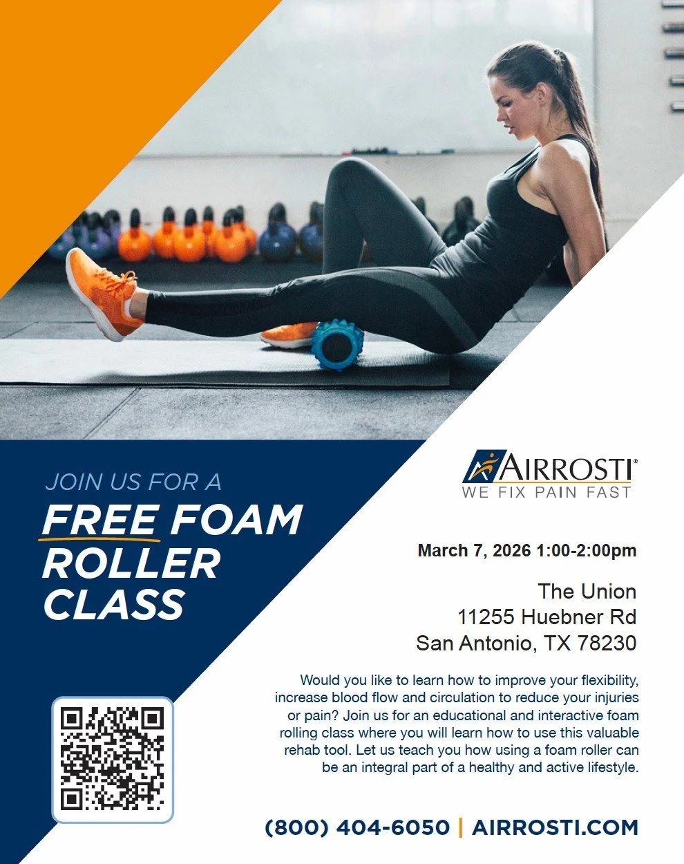 Save the date!  Saturday, March 7, 1pm at the Huebner Strand FREE!
Our friend at Airrosti, Dr. Olague, offices by the Huebner studio, and will be showing us why and how we should use foam rollers to support your active lifestlye.