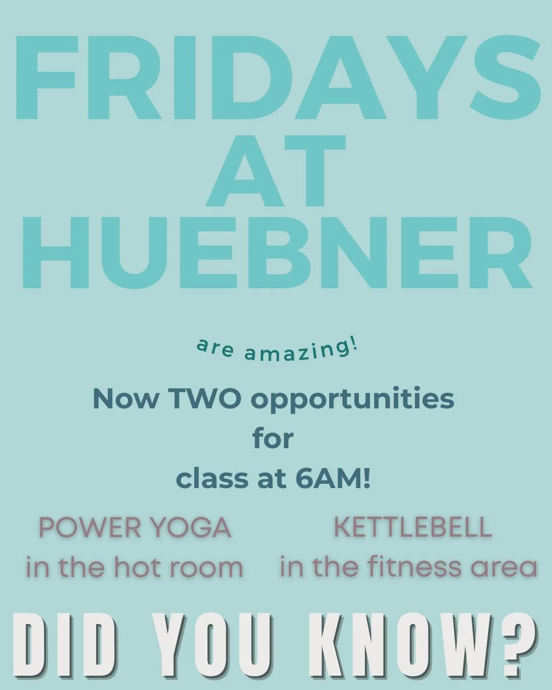 We have 2 classes at 6am at the Huebner Strand to get your Friday started right!  Get strong with our Kettlebell class, and get flexible with our Power Yoga class.  Sign up today!