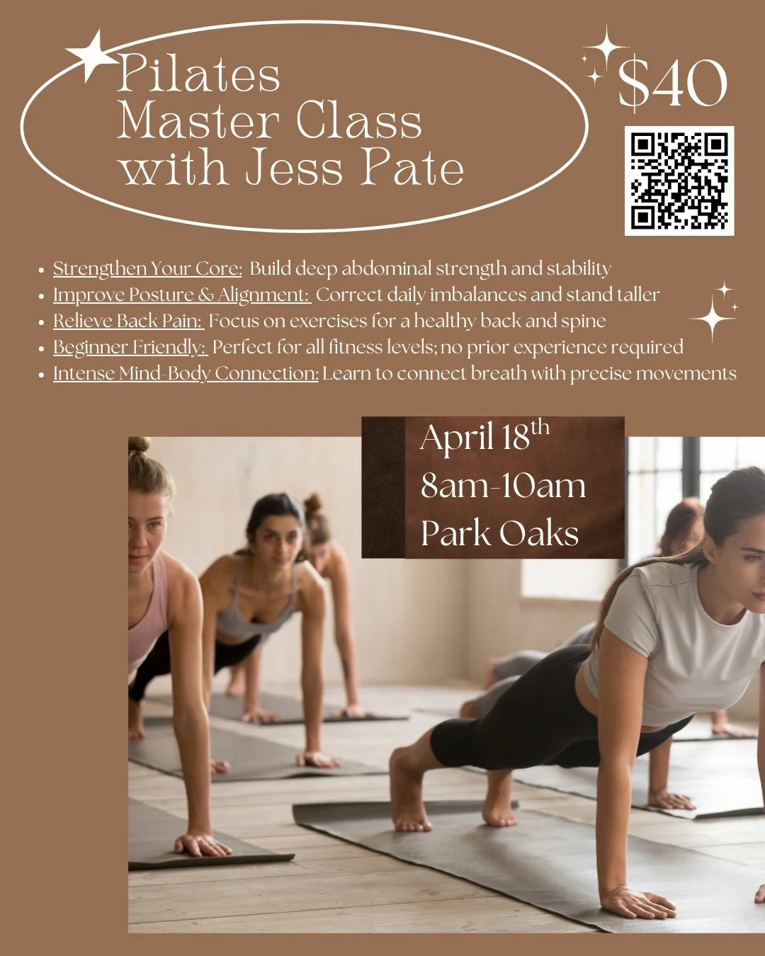 Have you heard of FOMMP??? It's a thing. 
 "Fear of Missing Mat Pilates"! 😉 
Join us as we host a Pilates Master Class with Jess Pate. 
Saturday, April 18 at Park Oaks.  8am-10am. $40
