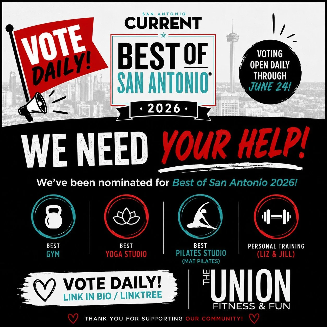 UNION FAM ❤️

We need your help! We&rsquo;ve officially been nominated for San Antonio Current&rsquo;s Best of San Antonio 2026 🏆

You can vote for us under:
🔥 Best Gym
🧘 Best Yoga Studio
✨ Best Pilates Studio
💪 Personal Training (Liz &amp; Jill)