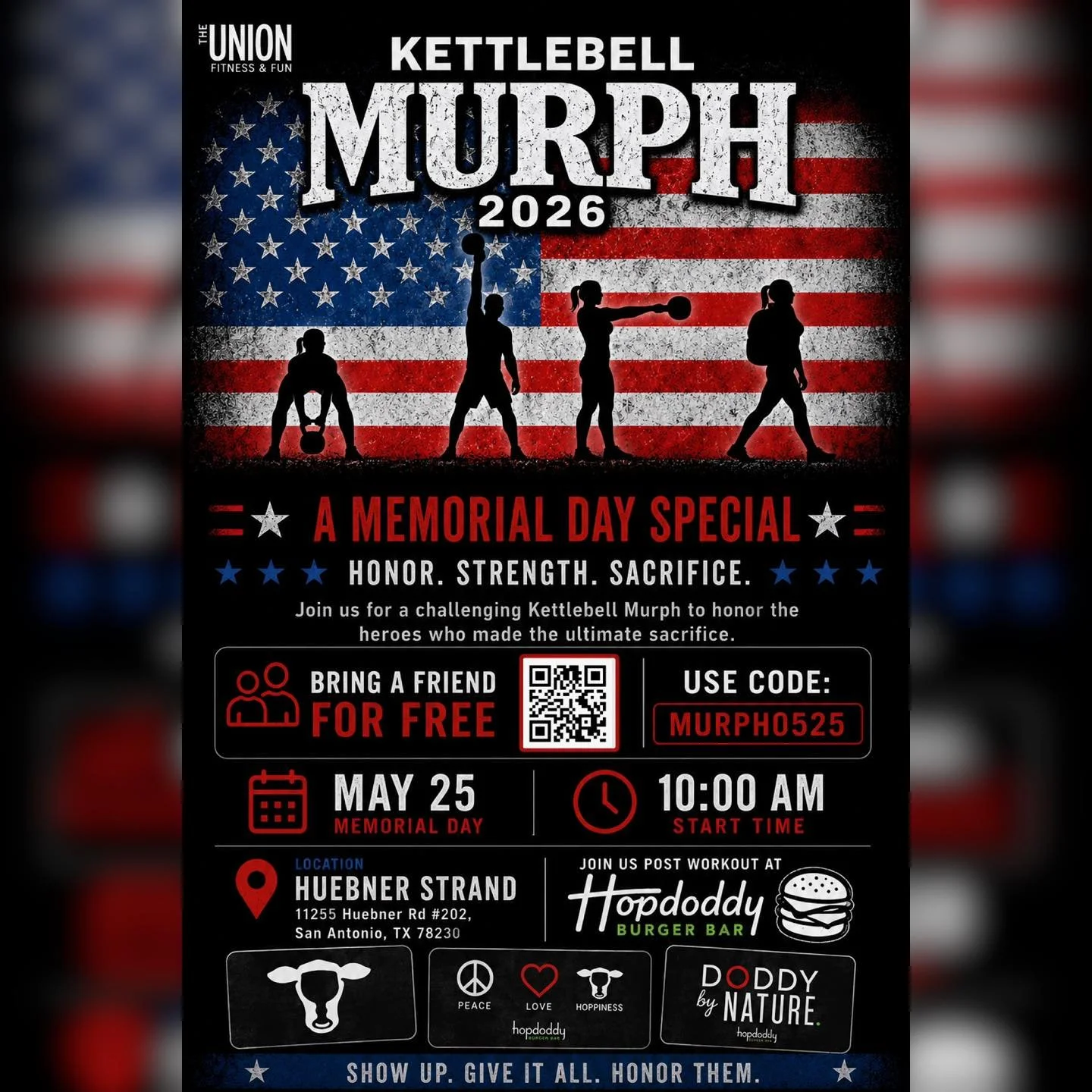🇺🇸 Sweat with purpose. Stay for the community.
Join us for Kettlebell MURPH &bull; Bring a Friend FREE (code: MURPH0525) 💪🏽
PLUS giveaways from Hopdoddy 🍔 and we&rsquo;ll head over after to hang out together.
Honor. Strength. Sacrifice.