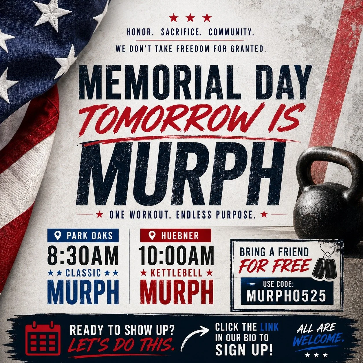 TOMORROW 🇺🇸🔥

Memorial Day Murph at The Union.

Whether you&rsquo;re coming to push hard, honor someone, challenge yourself, or just experience the energy&hellip; we&rsquo;d love to have you there.

No matter your fitness level:
You CAN do Murph.
