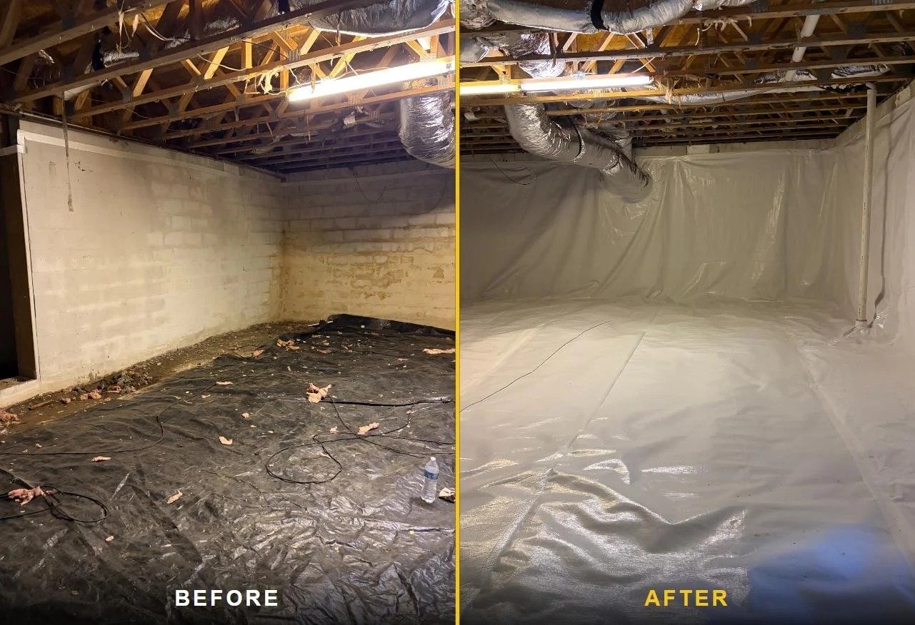 Crawl space encapsulation before and after block wall Tennessee
