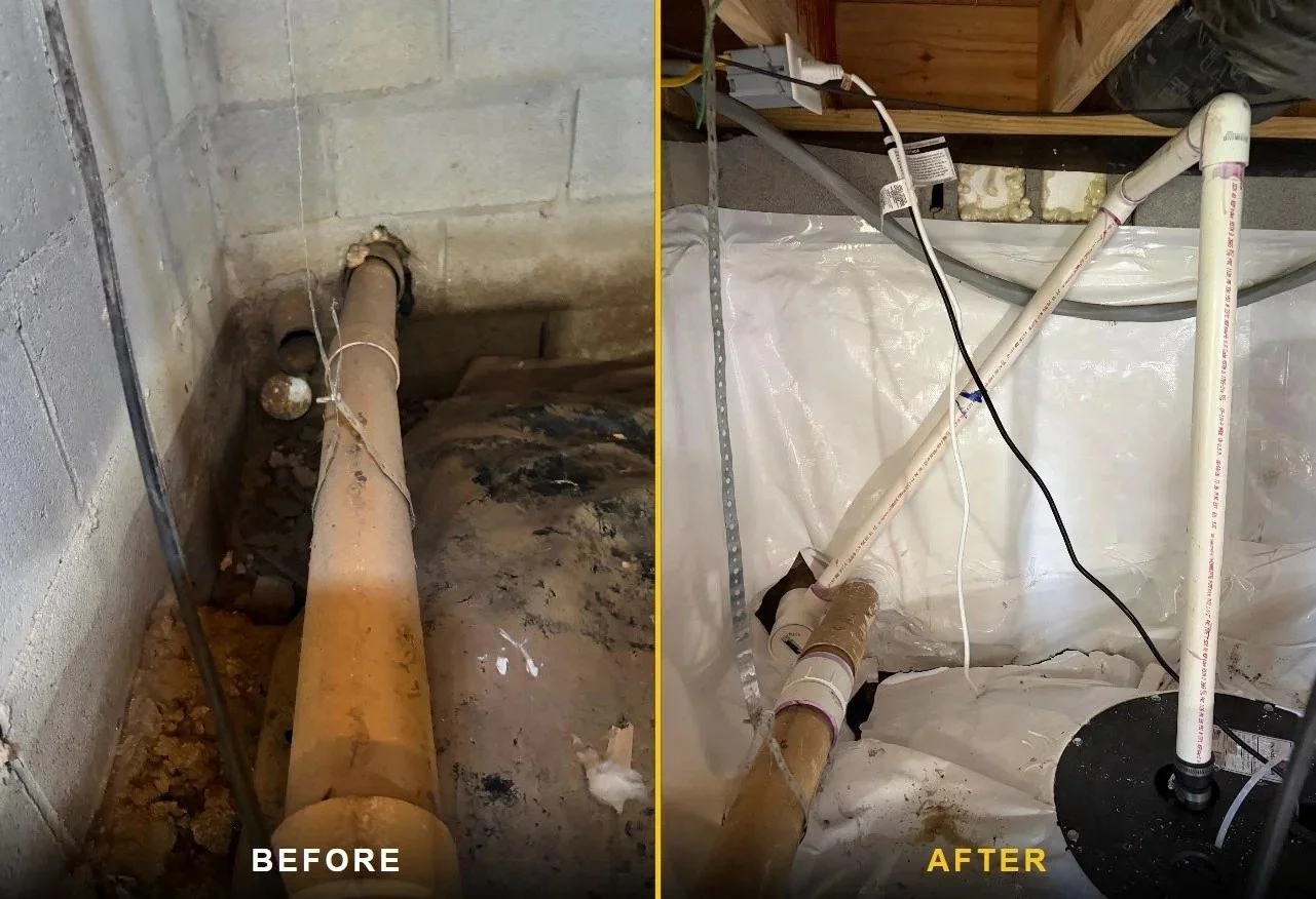 Wet crawl space corner sealed before and after Murfreesboro