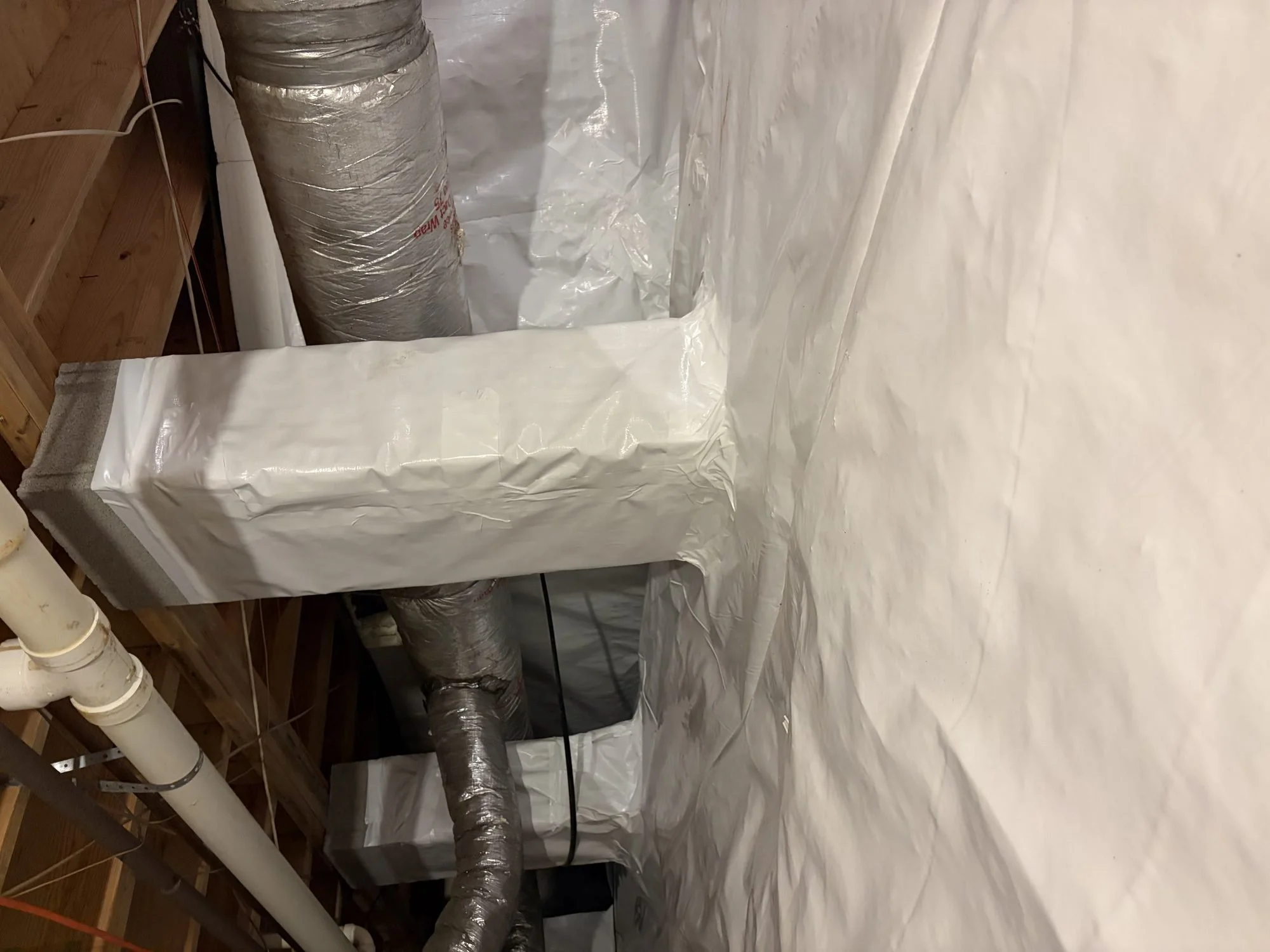Insulated duct run crossing a finished crawl space encapsulation, Middle Tennessee