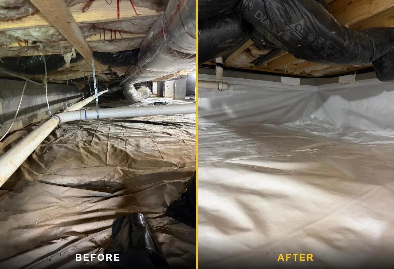 Crawl space old plastic to new liner before and after Tennessee