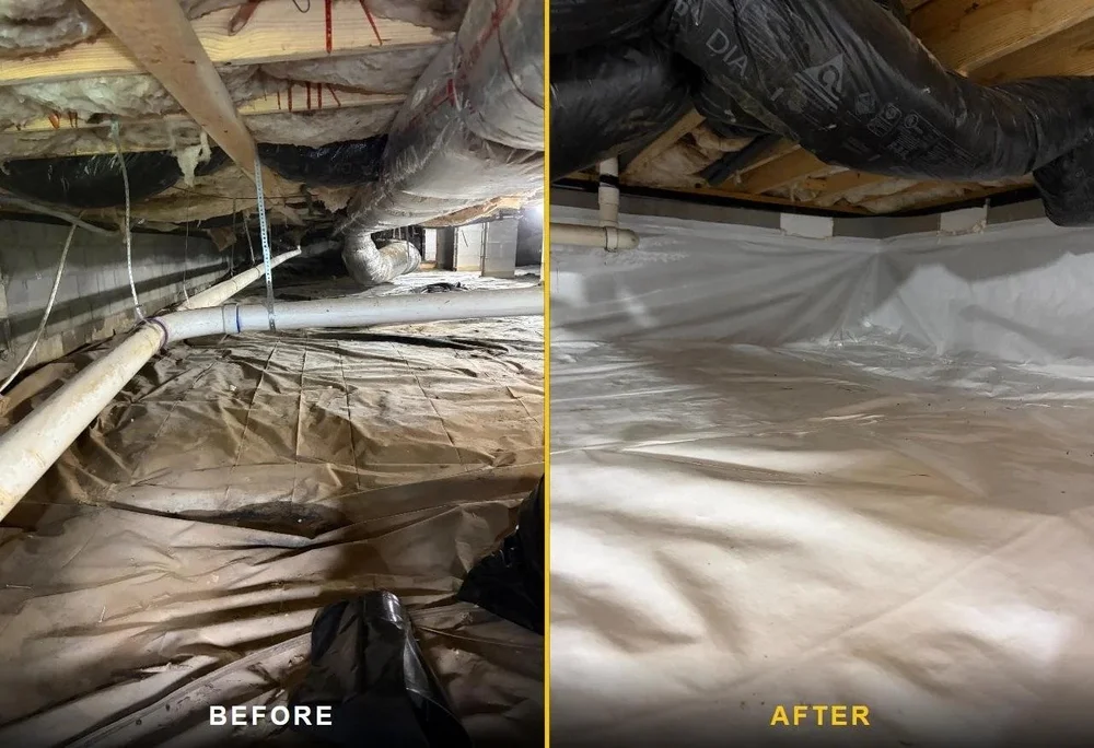 Old plastic replaced with a new liner, before and after — Crawlspace Crew, serving Gallatin, TN