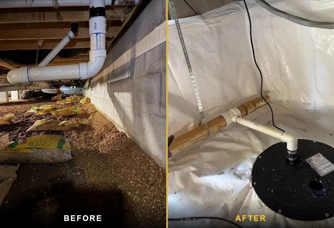 Crawl space drainage to sealed sump before and after Tennessee