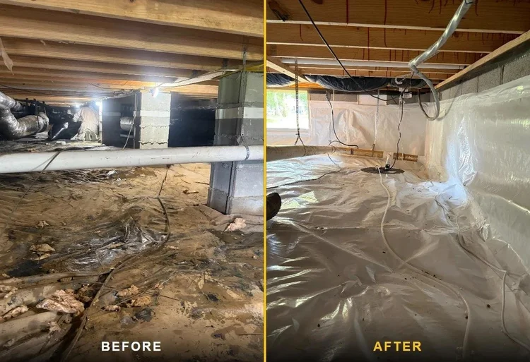 Wet crawl space drainage before and after in Middle Tennessee
