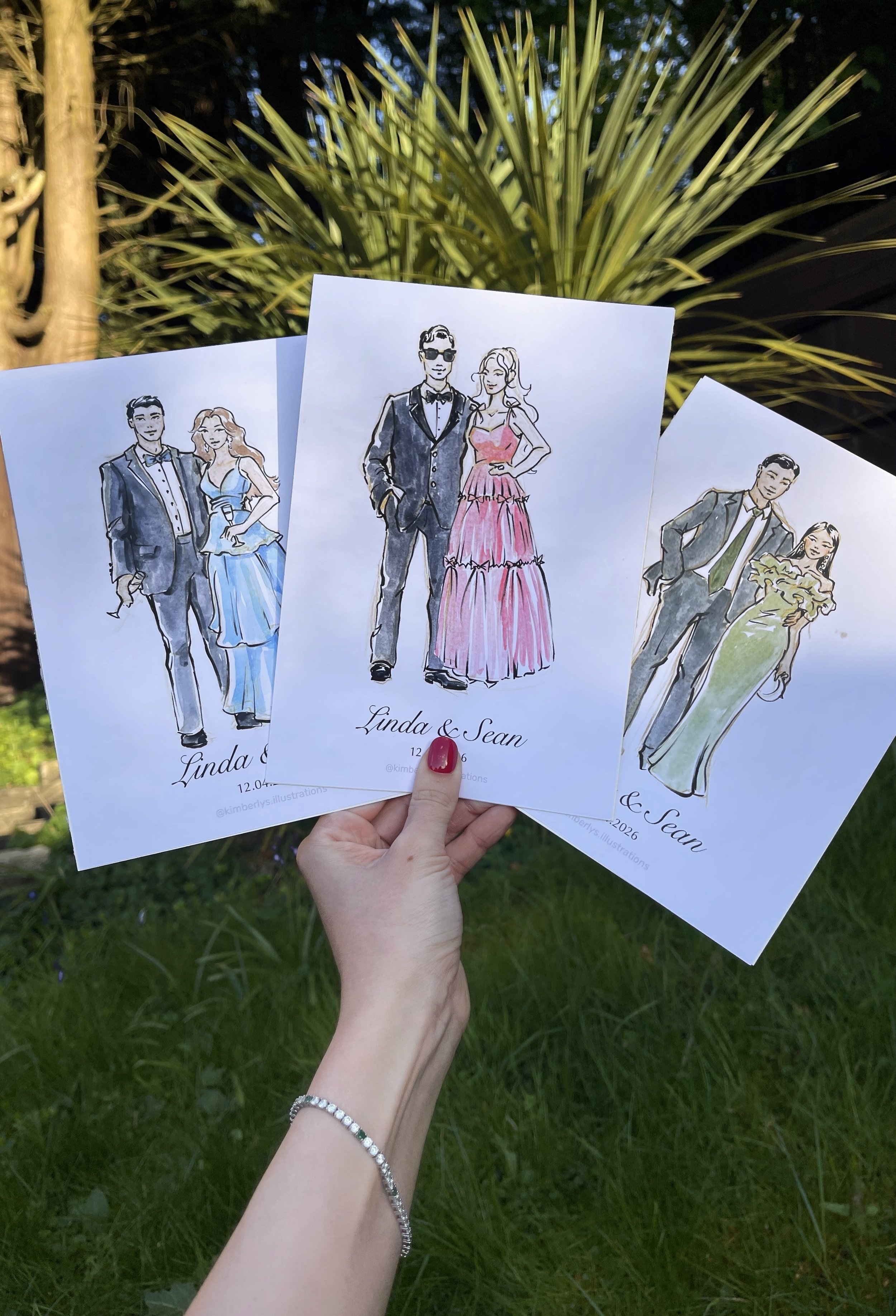 Bespoke wedding illustration showing couples in formal wear, live watercolour portrait service by London illustrator Kimberly Djehanian