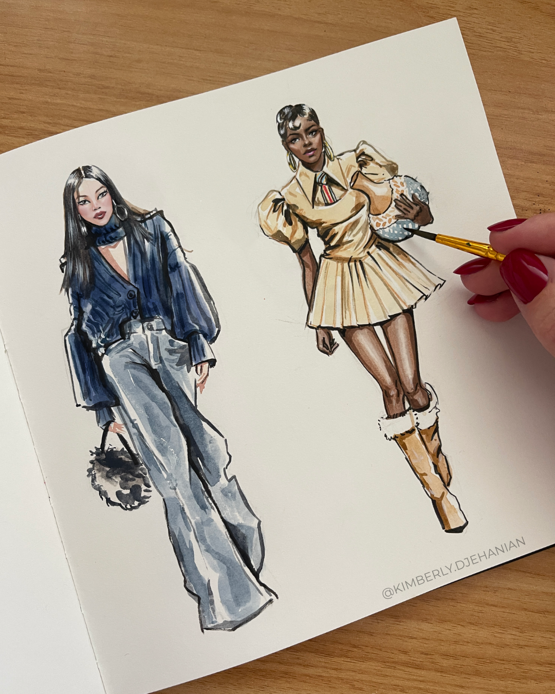 Fashion illustration of two elegant women in luxury outfits by Kimberly Djehanian, live event artist London