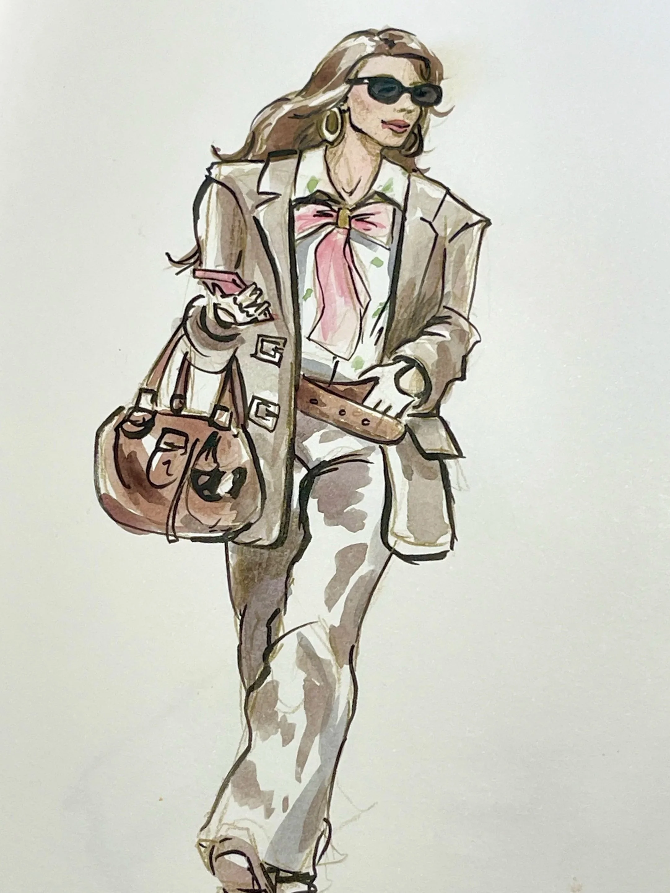 Watercolour fashion illustration of a stylish woman with sunglasses and designer handbag, live event illustration by Kimberly Djehanian