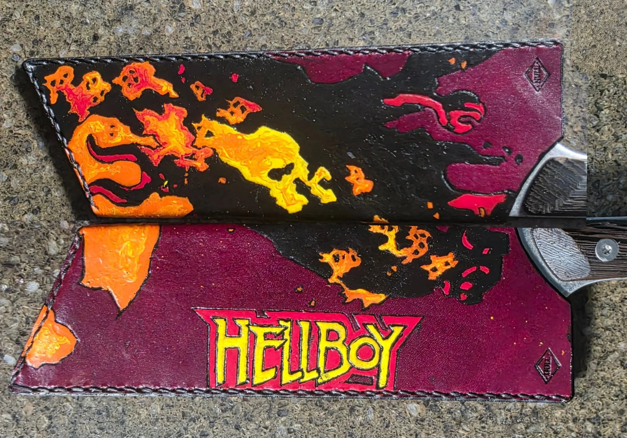 My personal Custom, Dark Red Base with a custom acrylic paintjob, modeled after pictures/art done by Mike Mignola.