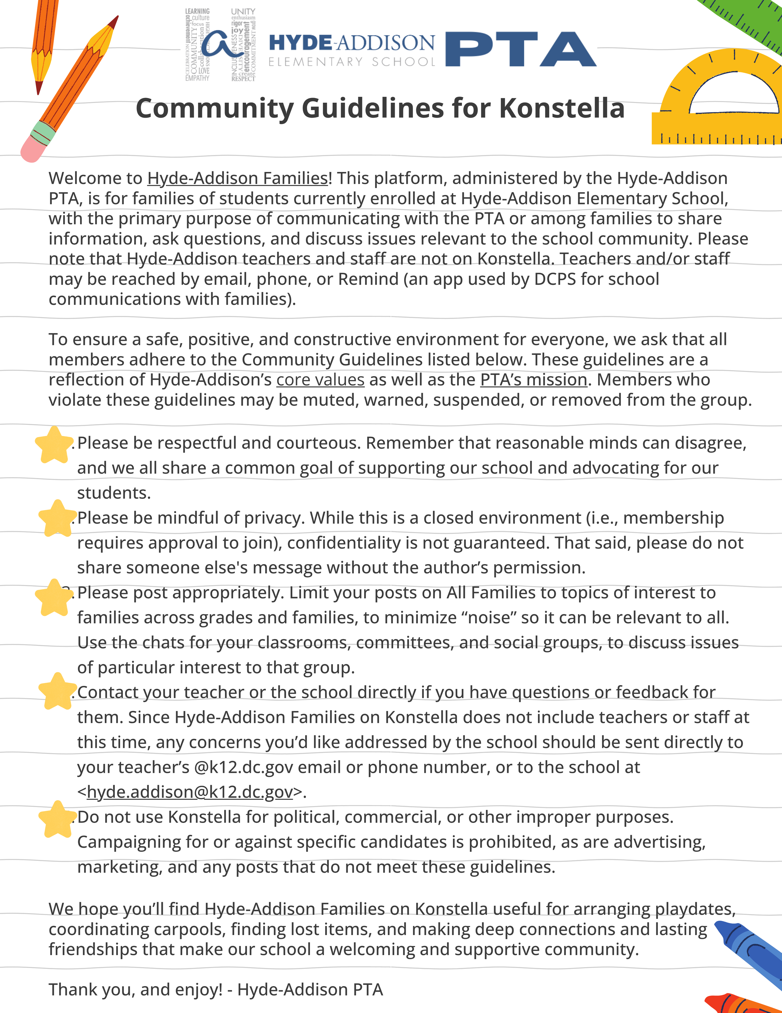Community guidelines document for Hyde-Addison PTA at Hyde-Addison Elementary School, includes rules on respectful communication, privacy, appropriate posting, contact procedures, and political use, with colorful school-themed decorations around the text.