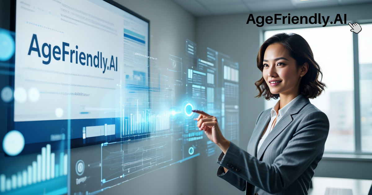 A woman in a business suit interacts with a large digital screen displaying data and graphs, with the text "AgeFriendly.AI" visible on the screen and in the top right corner of the image.