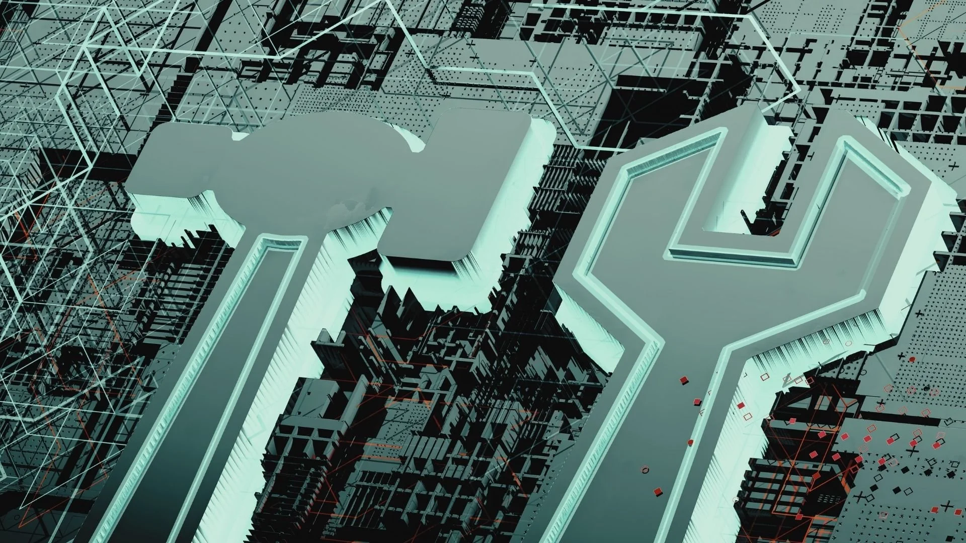 A digital illustration of interconnected futuristic cityscapes with a large symbol in the foreground.