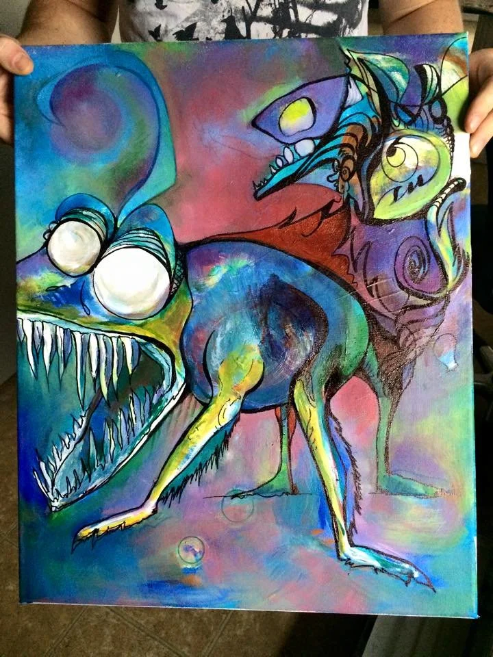 A colorful abstract painting of a creature with a dinosaur-like head, sharp teeth, and two large eyes, combined with a dog-like body with long legs and vibrant colors.