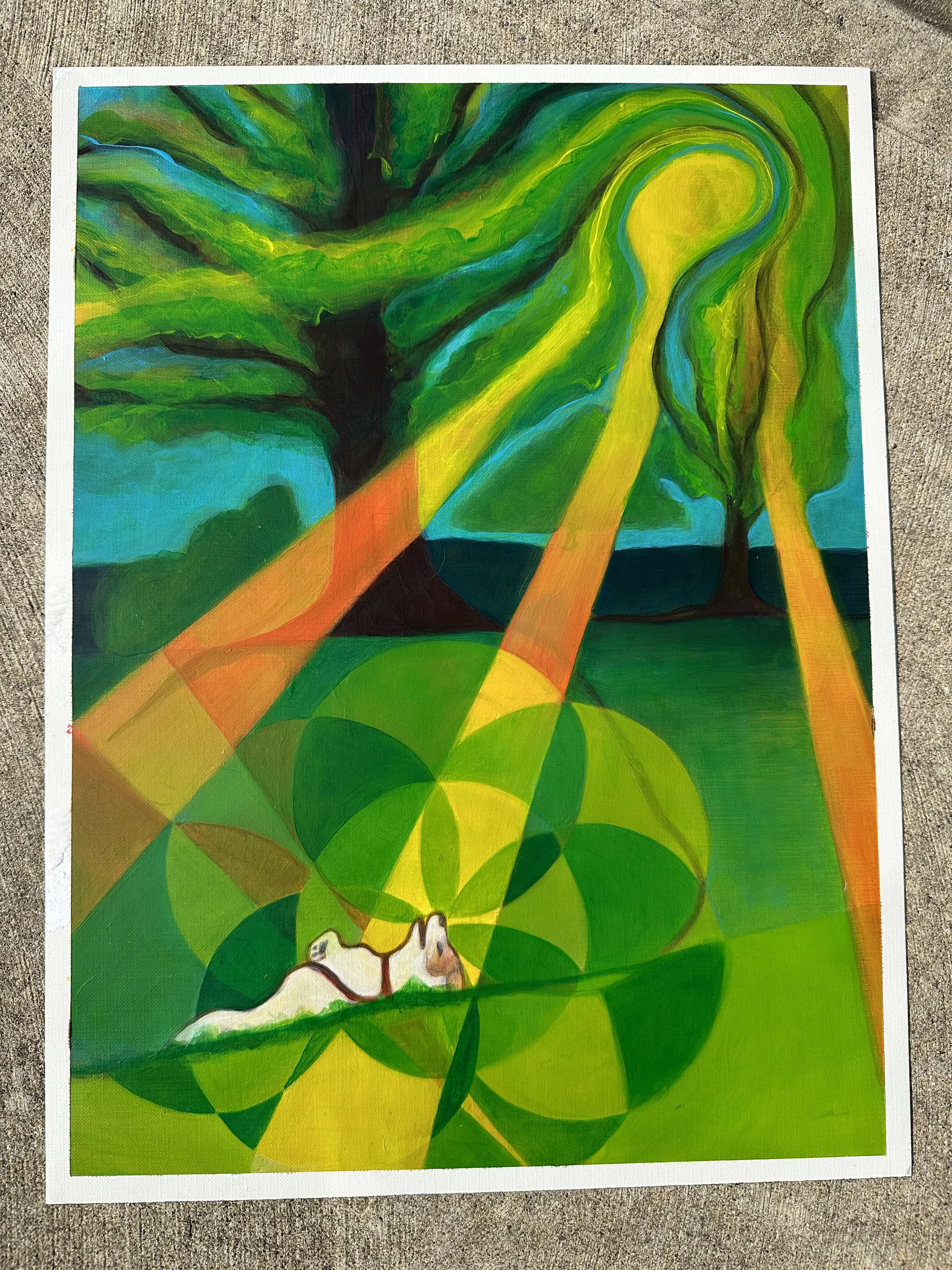 Abstract landscape painting with green, yellow, orange, and blue colors depicting trees and rays of sunlight; two white dogs lying under the trees.