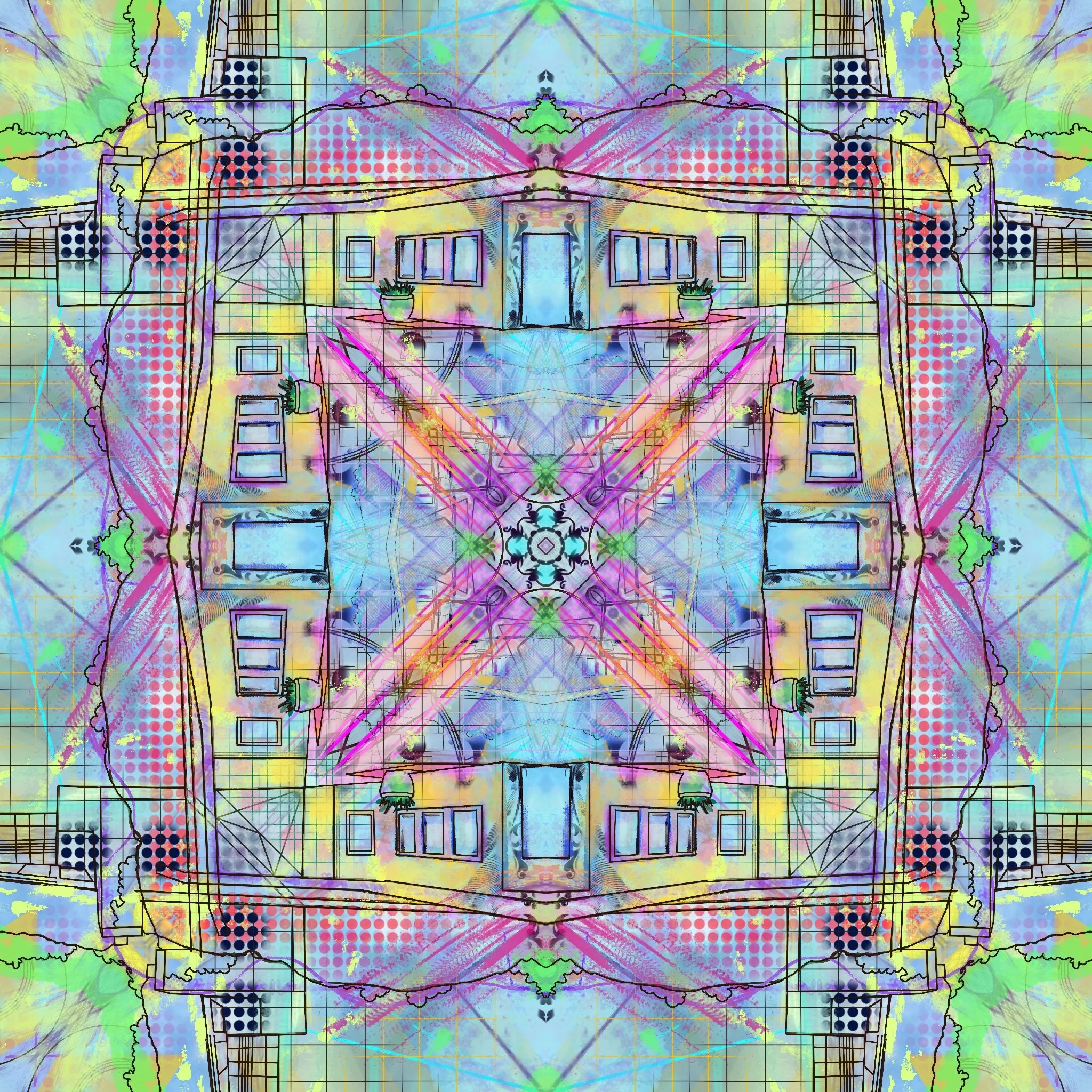 A colorful, abstract digital artwork with symmetrical patterns resembling a house, featuring windows, potted plants, and geometric designs with bright pastel colors and black outlines.