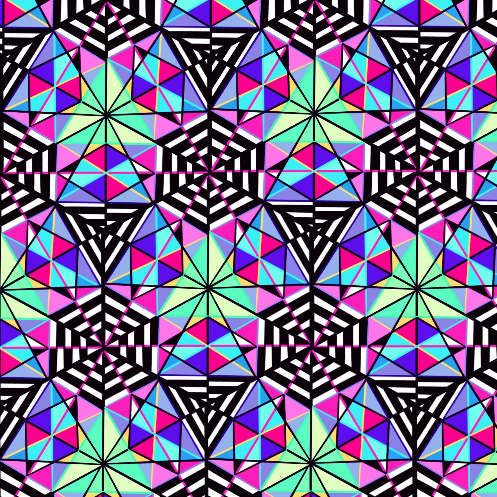 Colorful geometric pattern with black and white striped backgrounds, overlapping rainbow-colored triangles, squares, and hexagons.