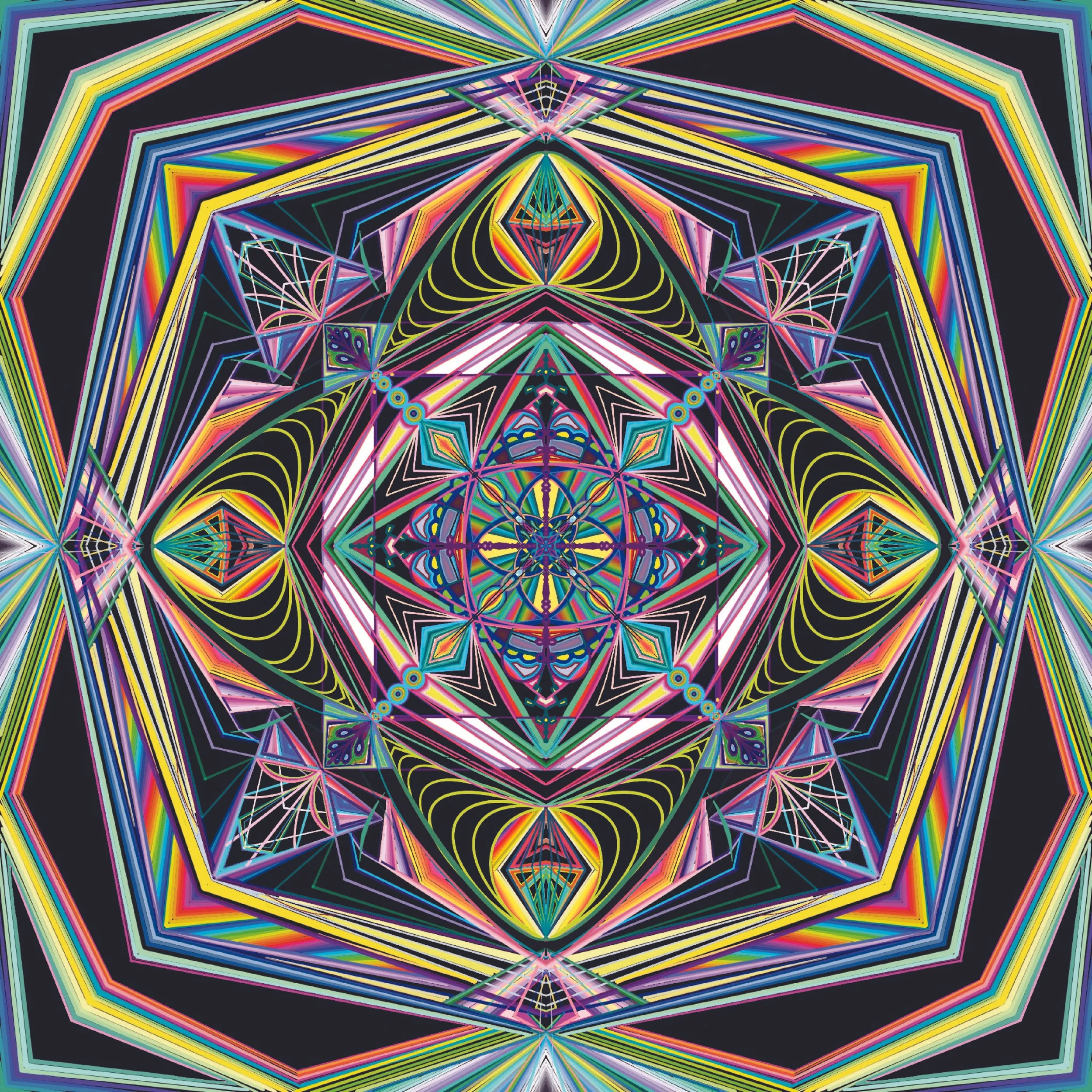 A colorful, symmetrical, geometric abstract design with neon lines and shapes on a black background, resembling a kaleidoscope pattern.