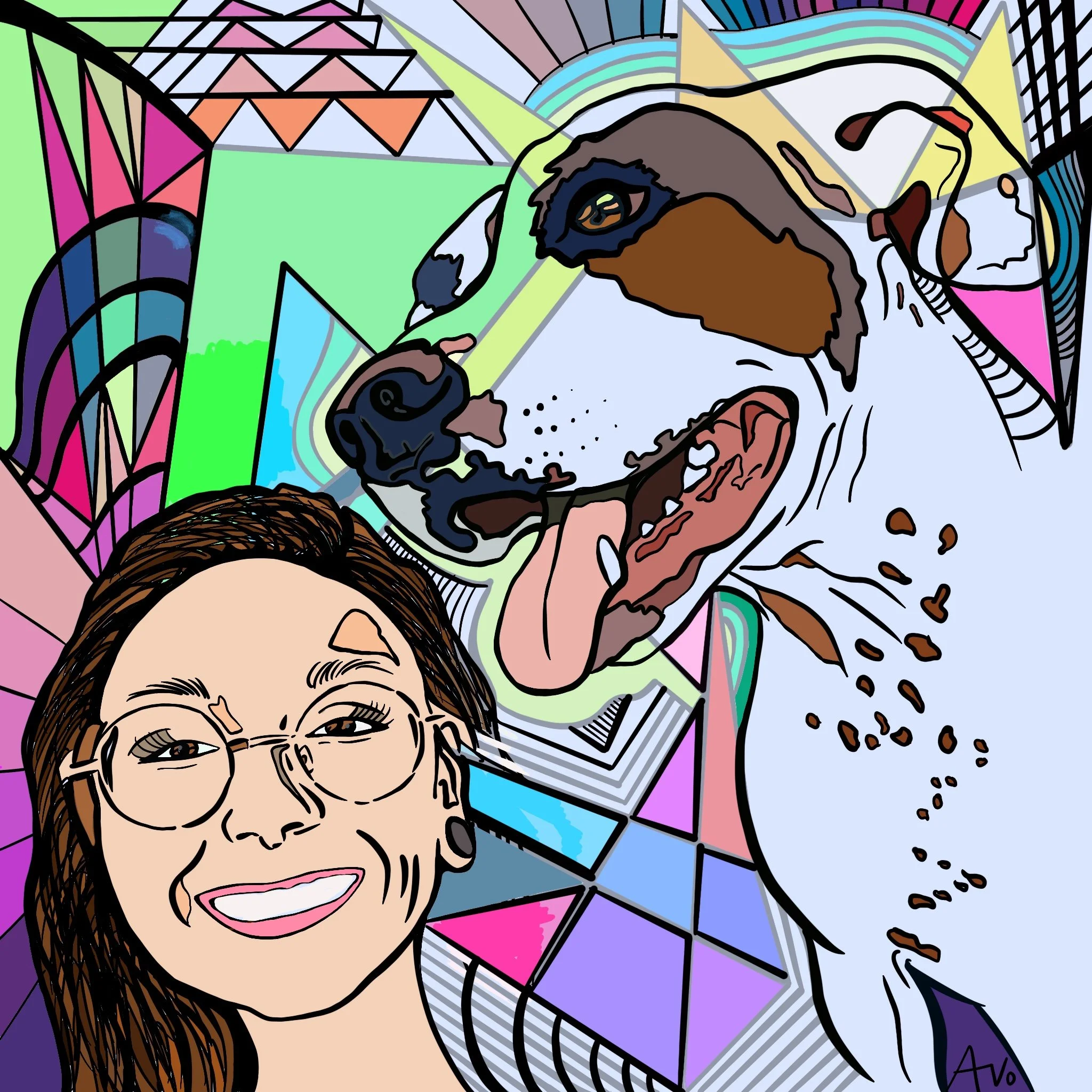 A colorful, abstract digital illustration of a woman with glasses smiling and a large, playful dog with its tongue out, surrounded by geometric shapes and vibrant colors.