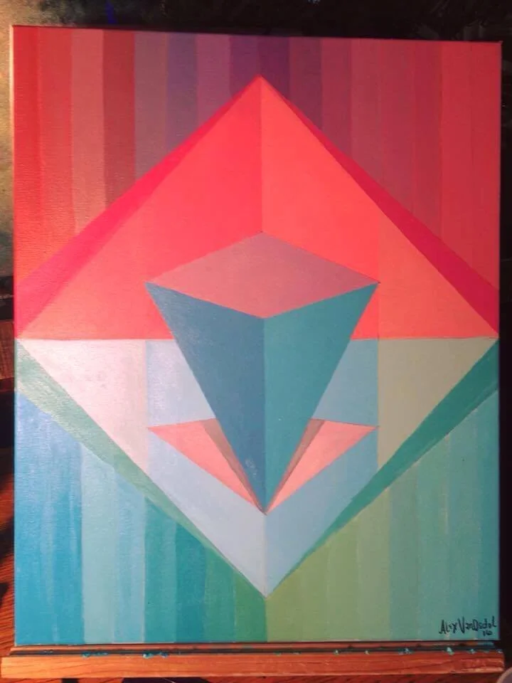 Colorful abstract geometric art featuring a central three-dimensional pyramid inside a diamond shape, with vibrant colors including red, blue, pink, and green, on a striped background.