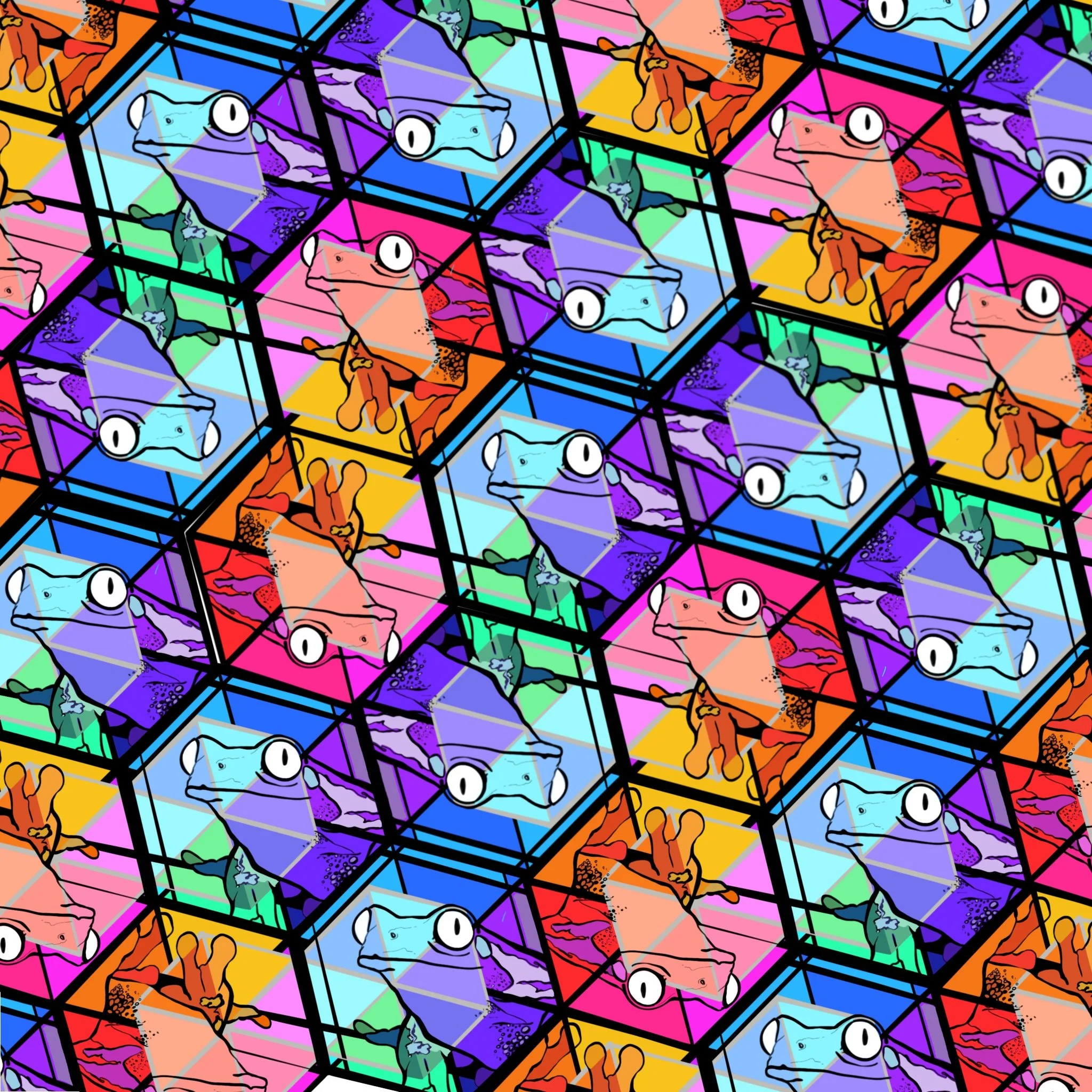 A colorful pattern featuring cartoon-style dogs enclosed in cubes with multicolored backgrounds, arranged in a repeating geometric design.