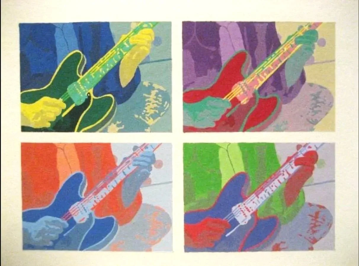 Four colorful pop art style illustrations of a person playing an electric guitar, each in different color schemes.