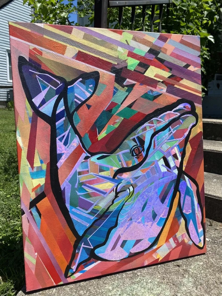 Abstract colorful painting of a butterfly and a flower with geometric shapes and bold black outlines, outdoors on a sunny day.