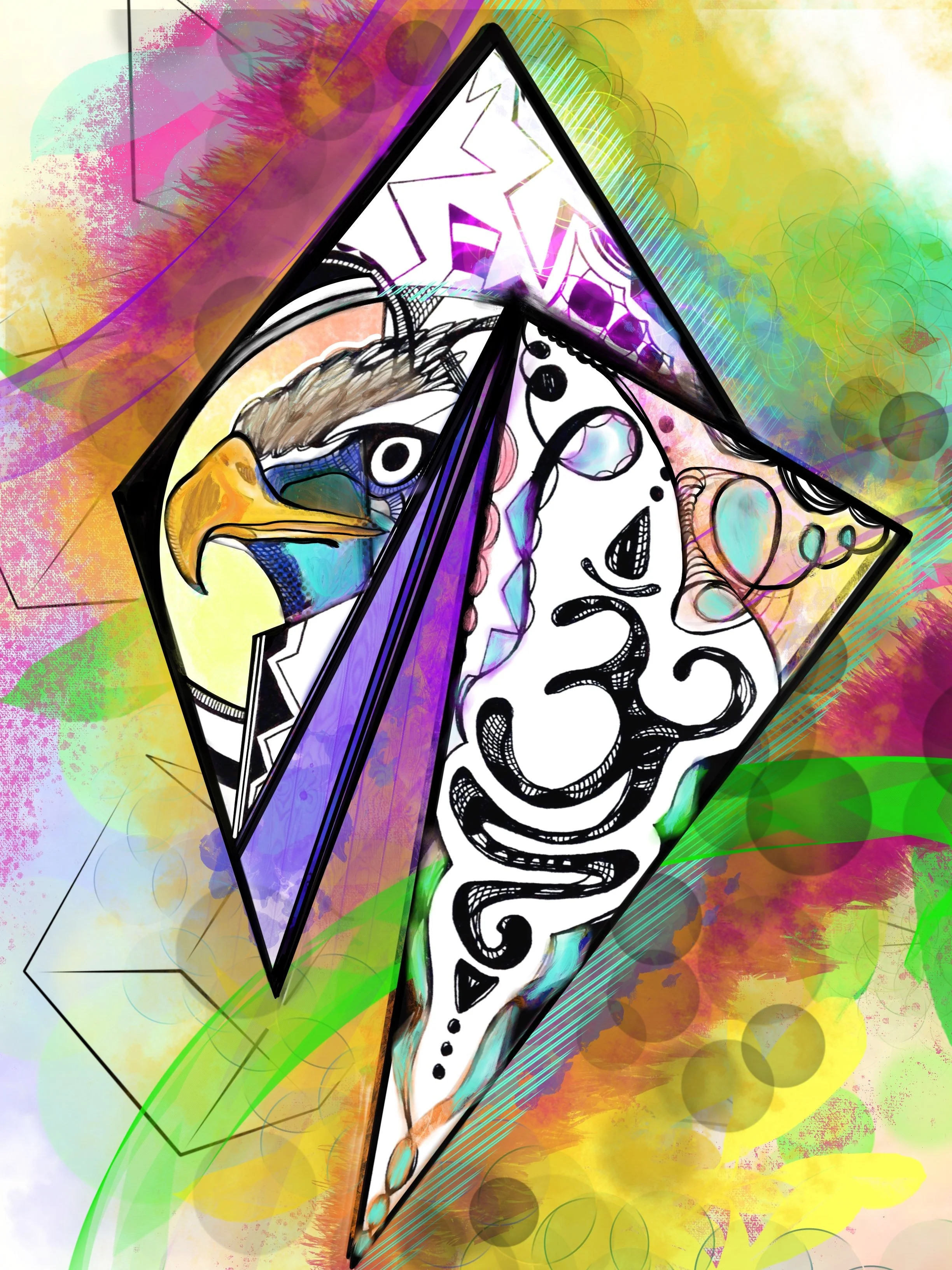 Abstract artwork featuring a stylized eagle and a smiling face inside geometric shapes with vibrant, multicolored background.