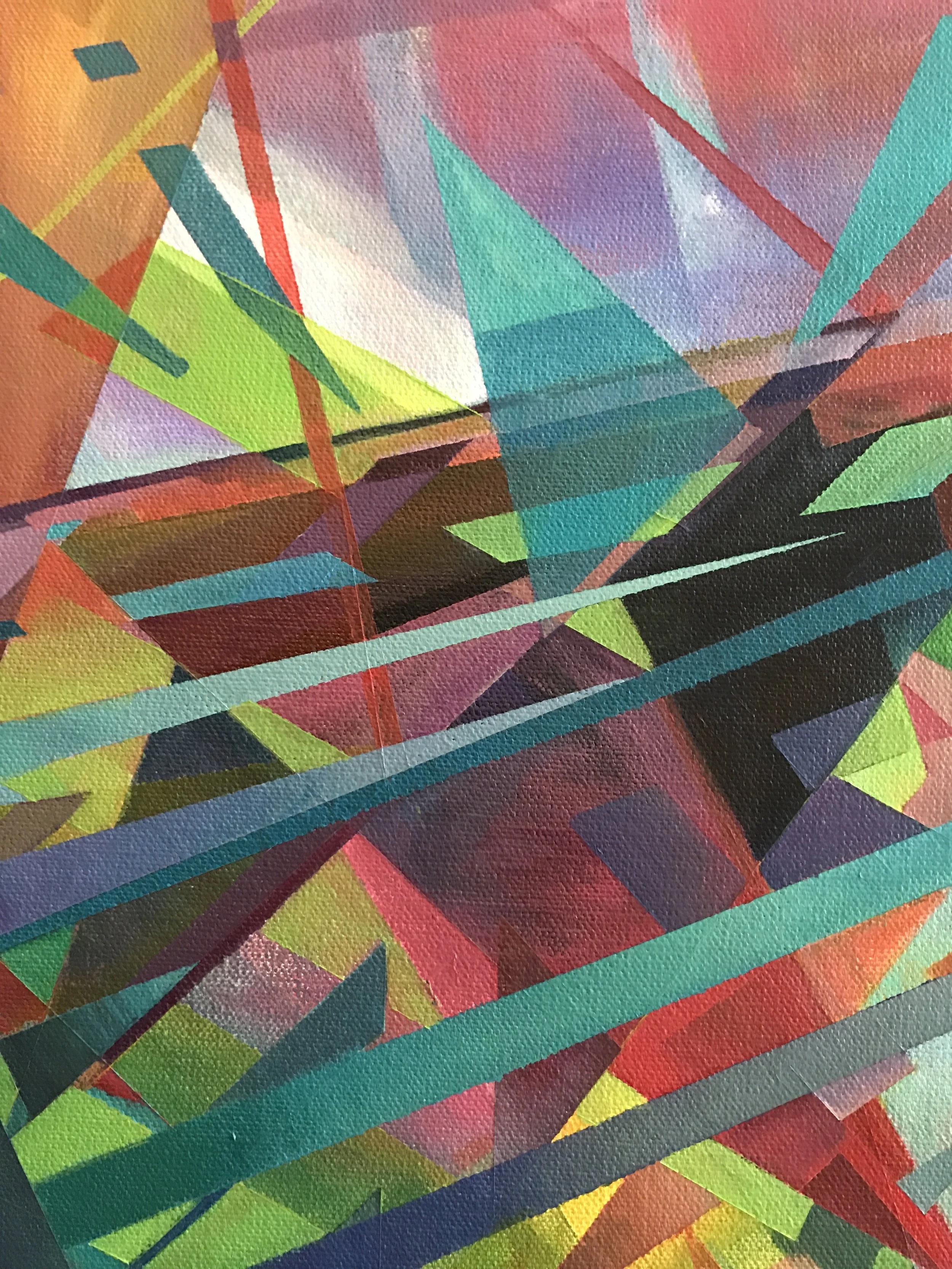 Abstract colorful geometric artwork with overlapping lines and shapes in green, red, blue, yellow, purple, black, and white.
