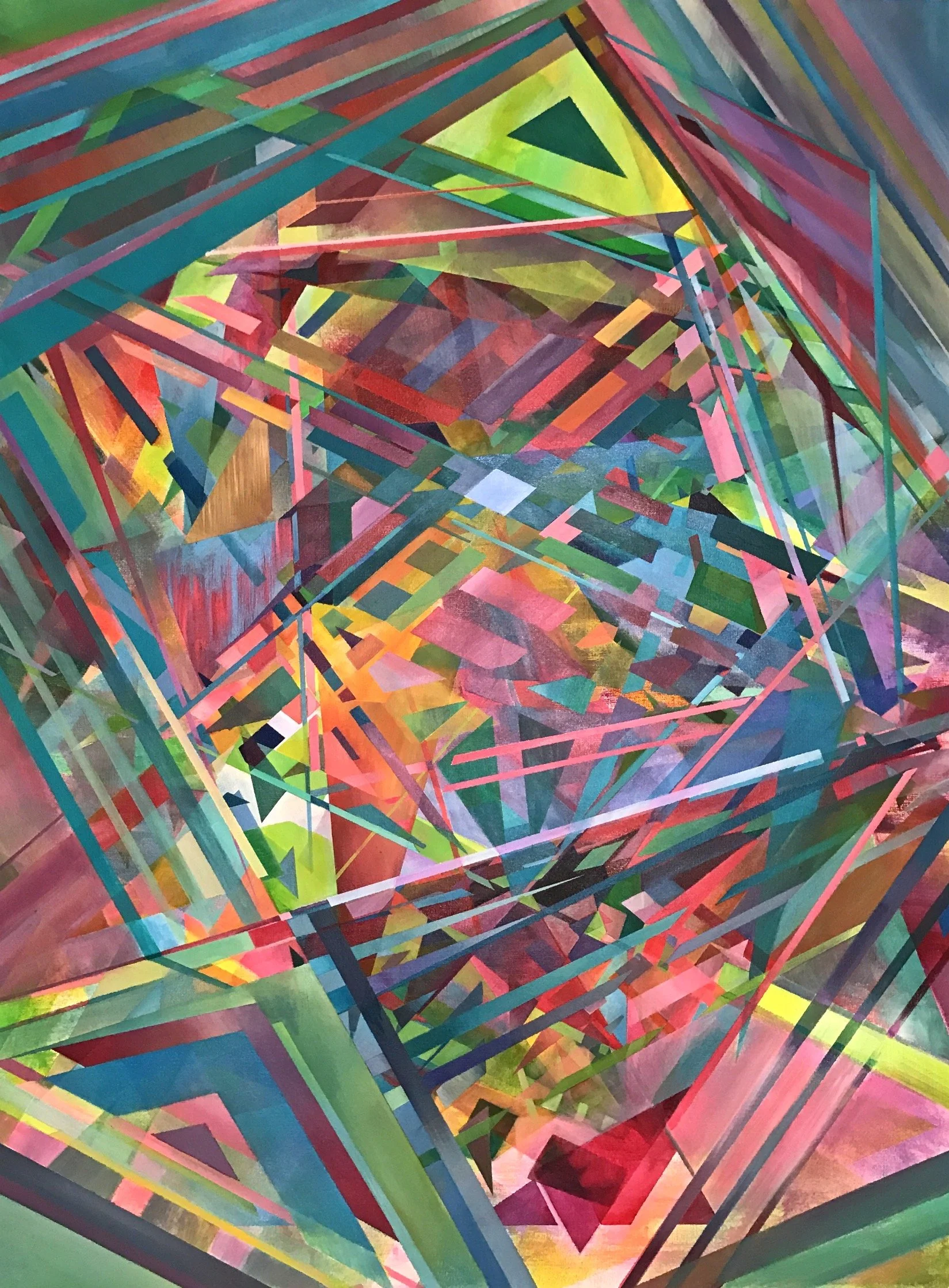 An abstract artwork featuring a colorful, geometric composition with a central cube formed by overlapping lines and shapes in shades of green, pink, blue, yellow, and red.