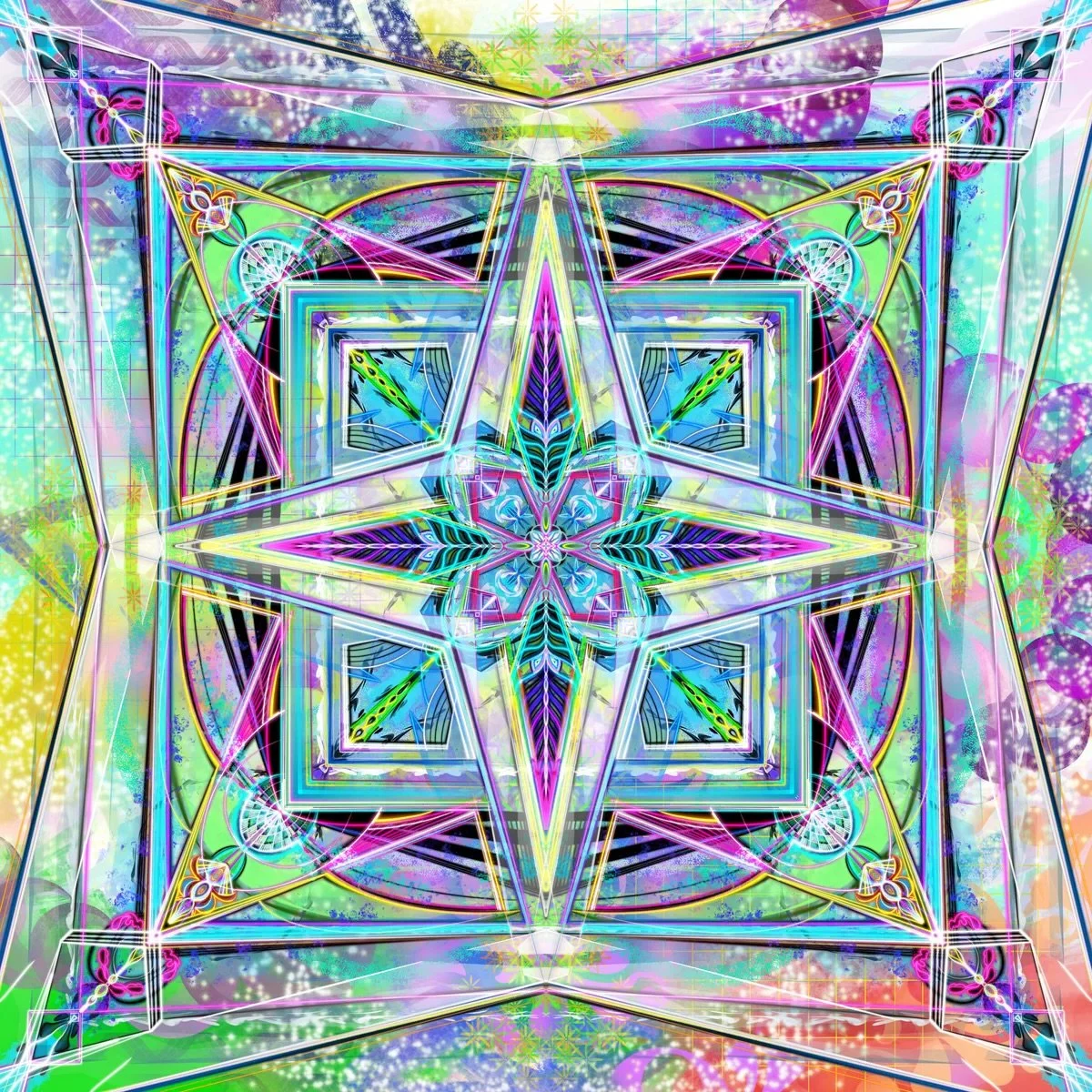 A vibrant geometric digital artwork featuring a kaleidoscopic pattern with neon colors including pink, blue, green, and yellow, creating a symmetrical star-like design.