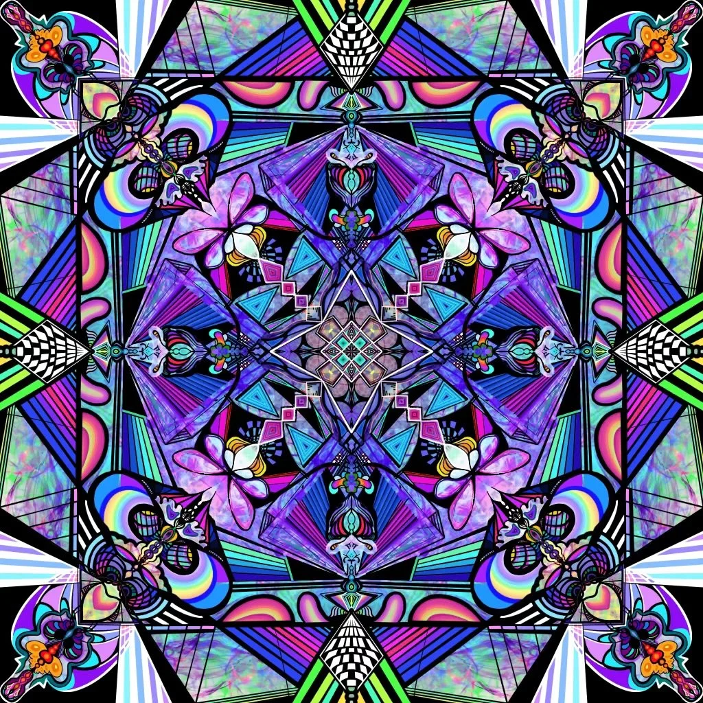 A colorful, symmetrical abstract digital artwork featuring geometric patterns, butterflies, skulls, and vibrant neon colors arranged in an intricate kaleidoscopic design.